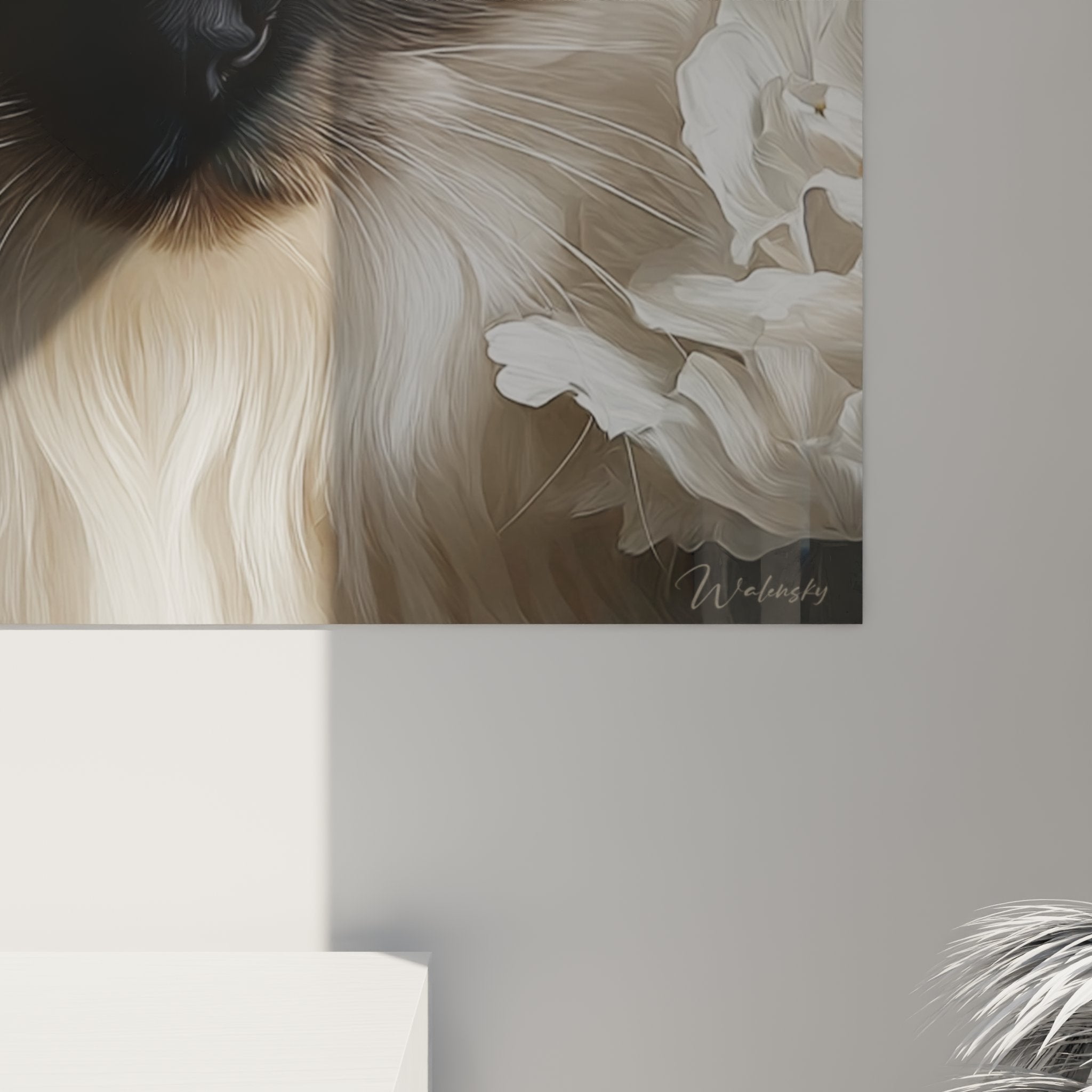 Overview of Birman cat wall art with white flowers for modern interior decoration