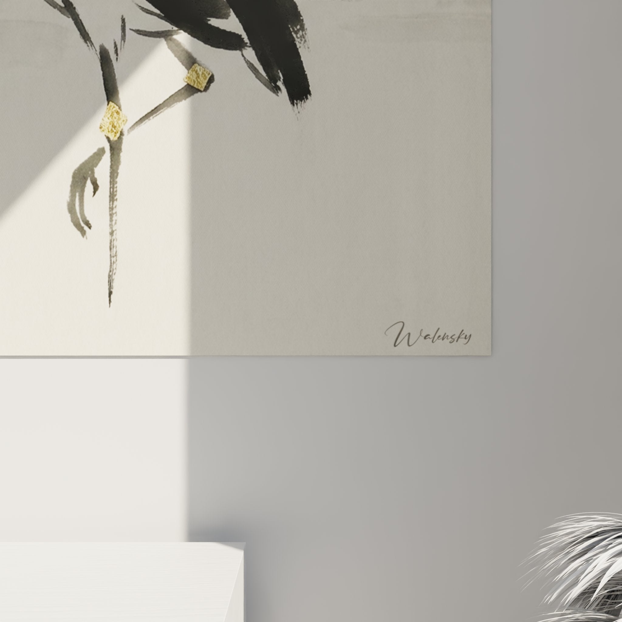 Stork wall art overview, modern decor integration, stylized animal art black white gold