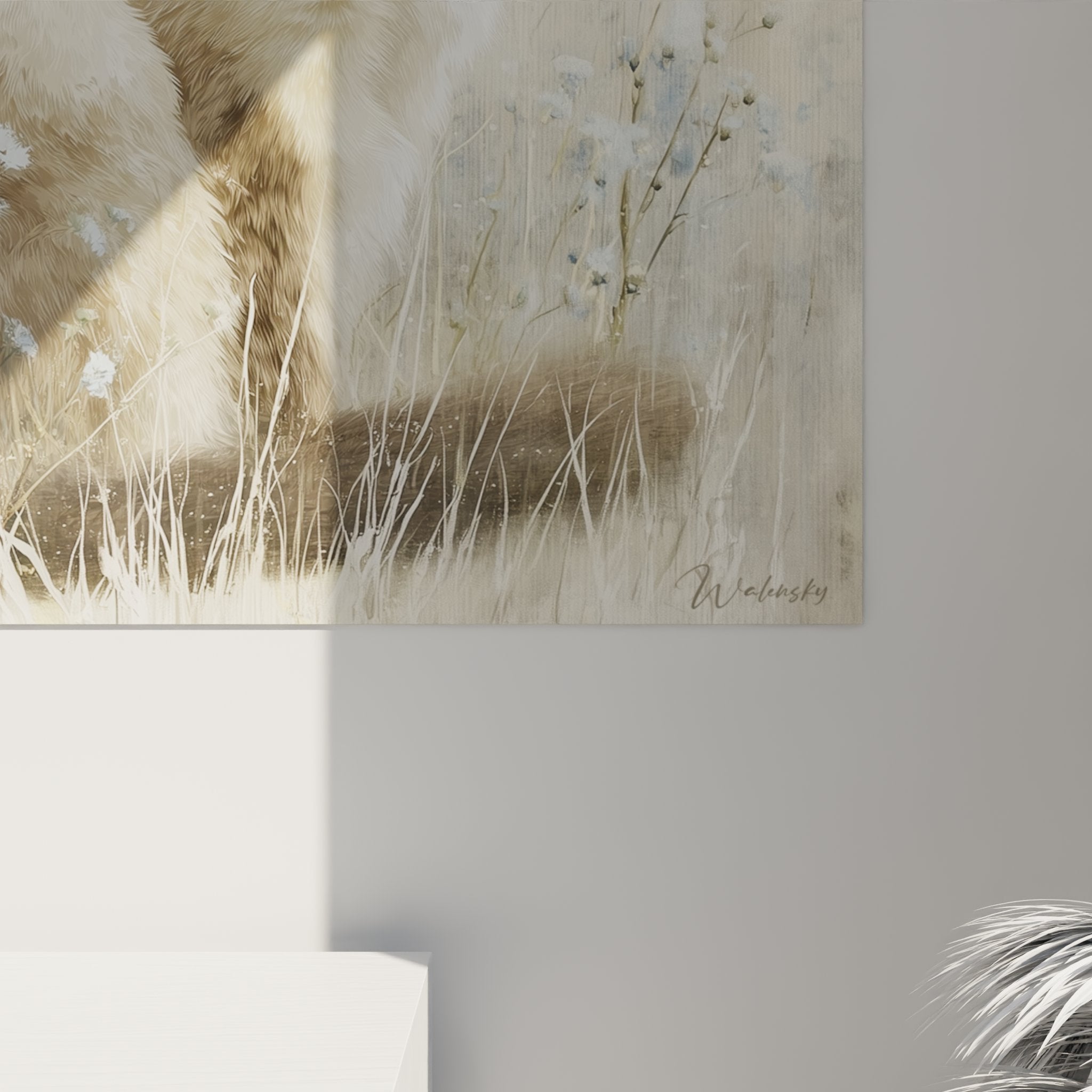 Birman cat wall art tableau in rural meadow setting contemporary animal art style