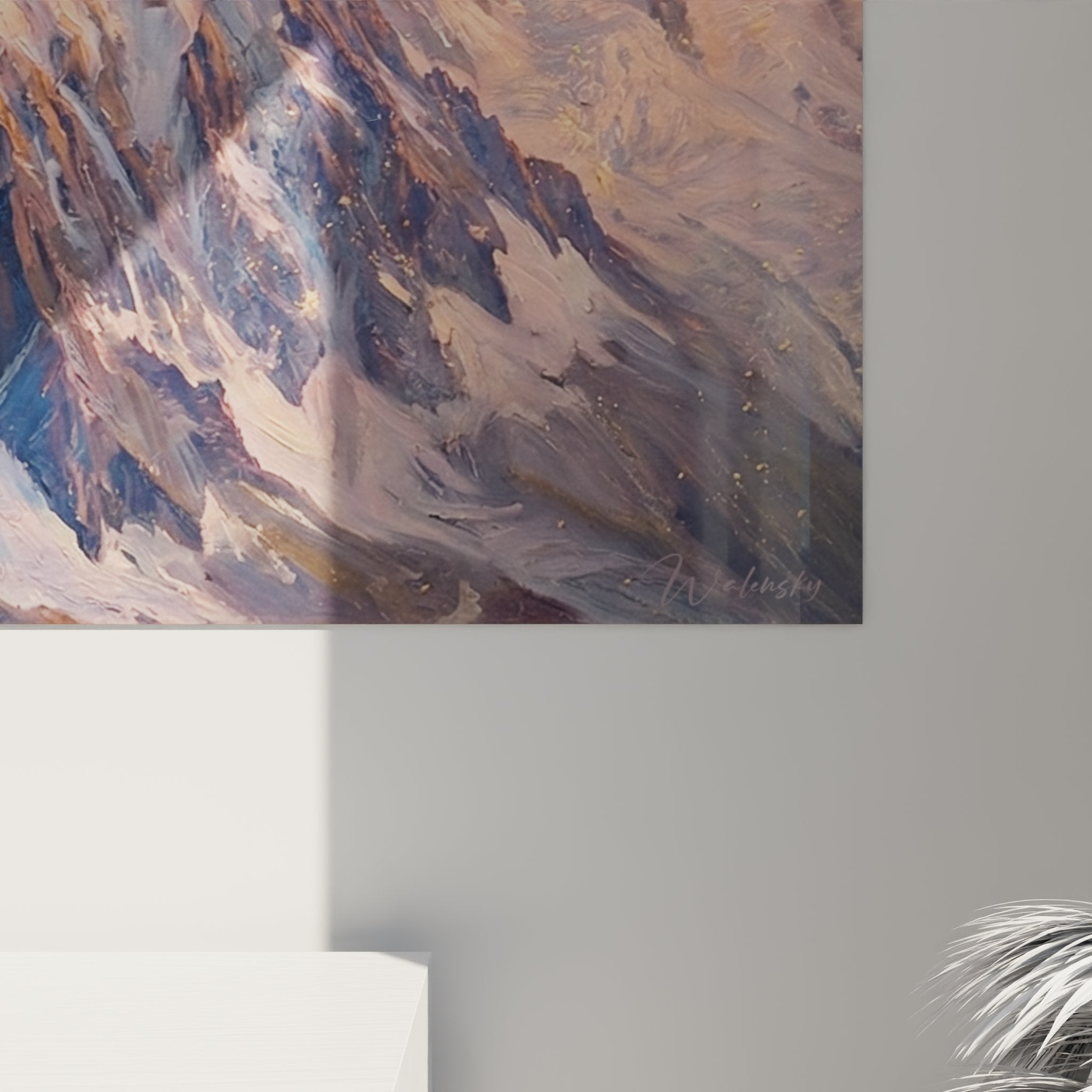 Vista d'insieme quadro murale vetta innevata decorazione interna stile montagna paesaggio alpino maestoso