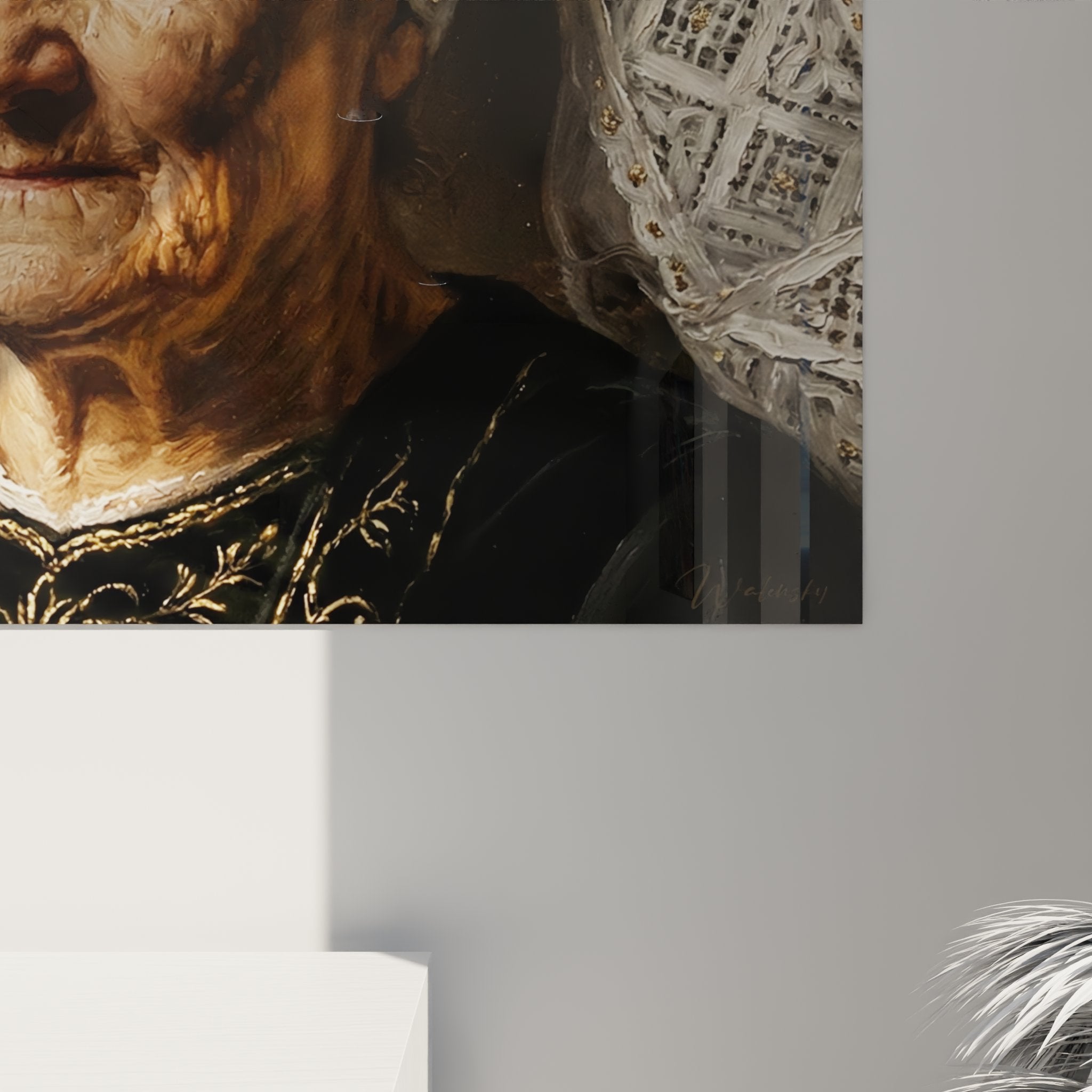 Overview of traditional Breton woman artwork hanging on wall, showcasing its authentic colors