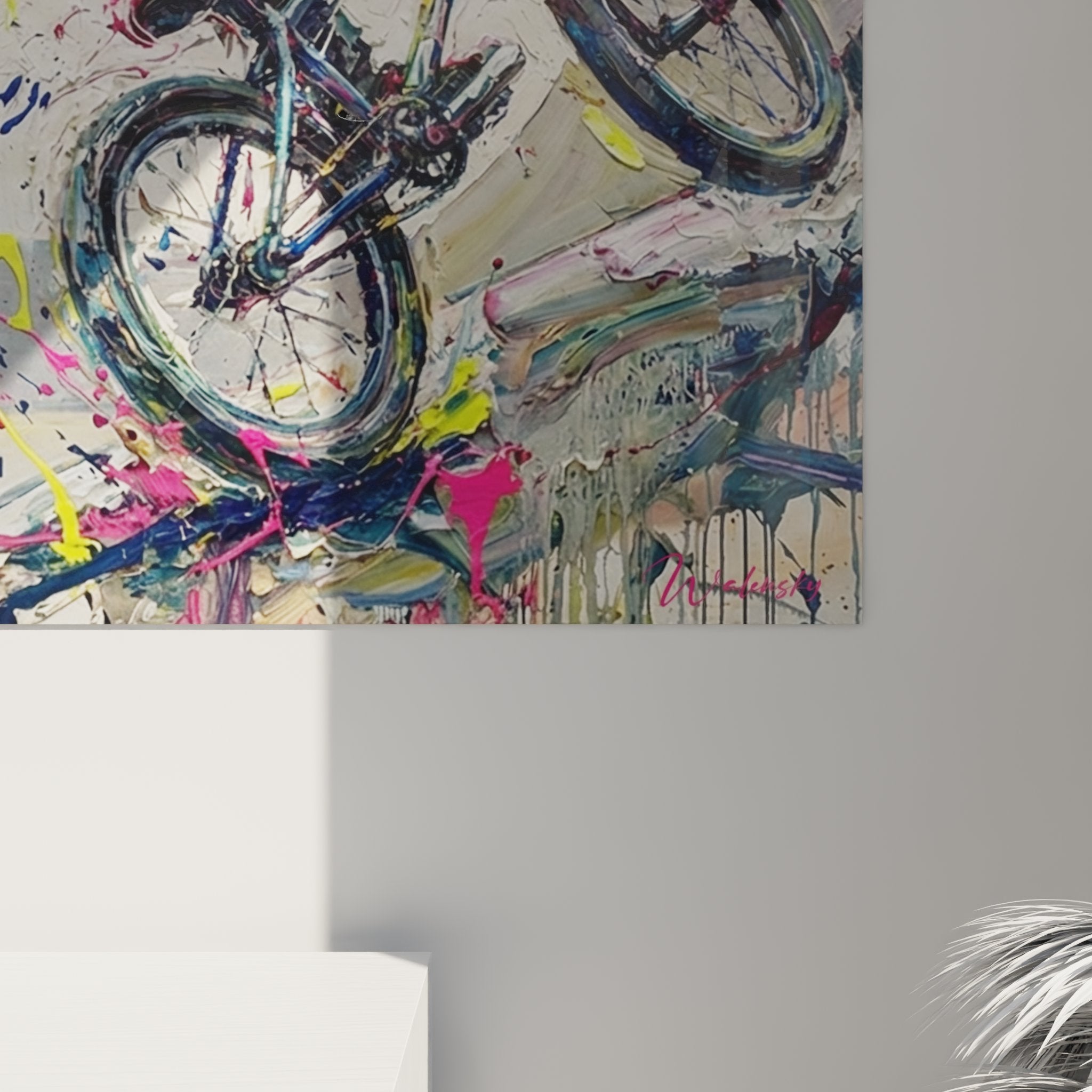 Vue ensemble tableau cyclisme paralympique mural, art sportif abstrait decoration interieure