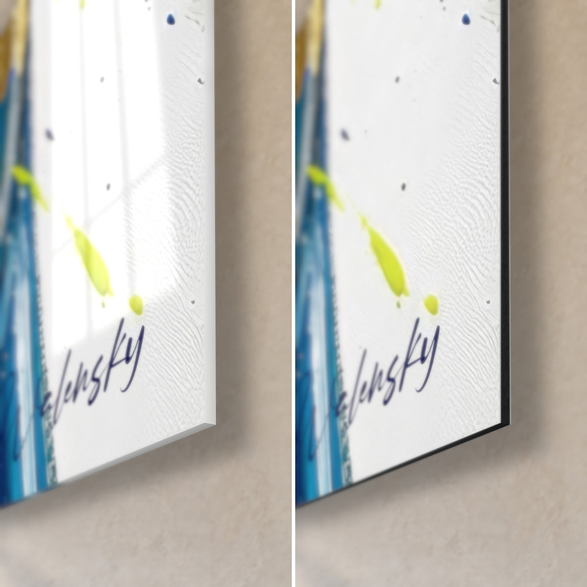 Gemälde Tennisball-Einschlag in leuchtendem Gelb, untere rechte Ecke: glänzendes Acryl mit Reflexen, mattweißes Alu-Dibond, 3 mm Kante