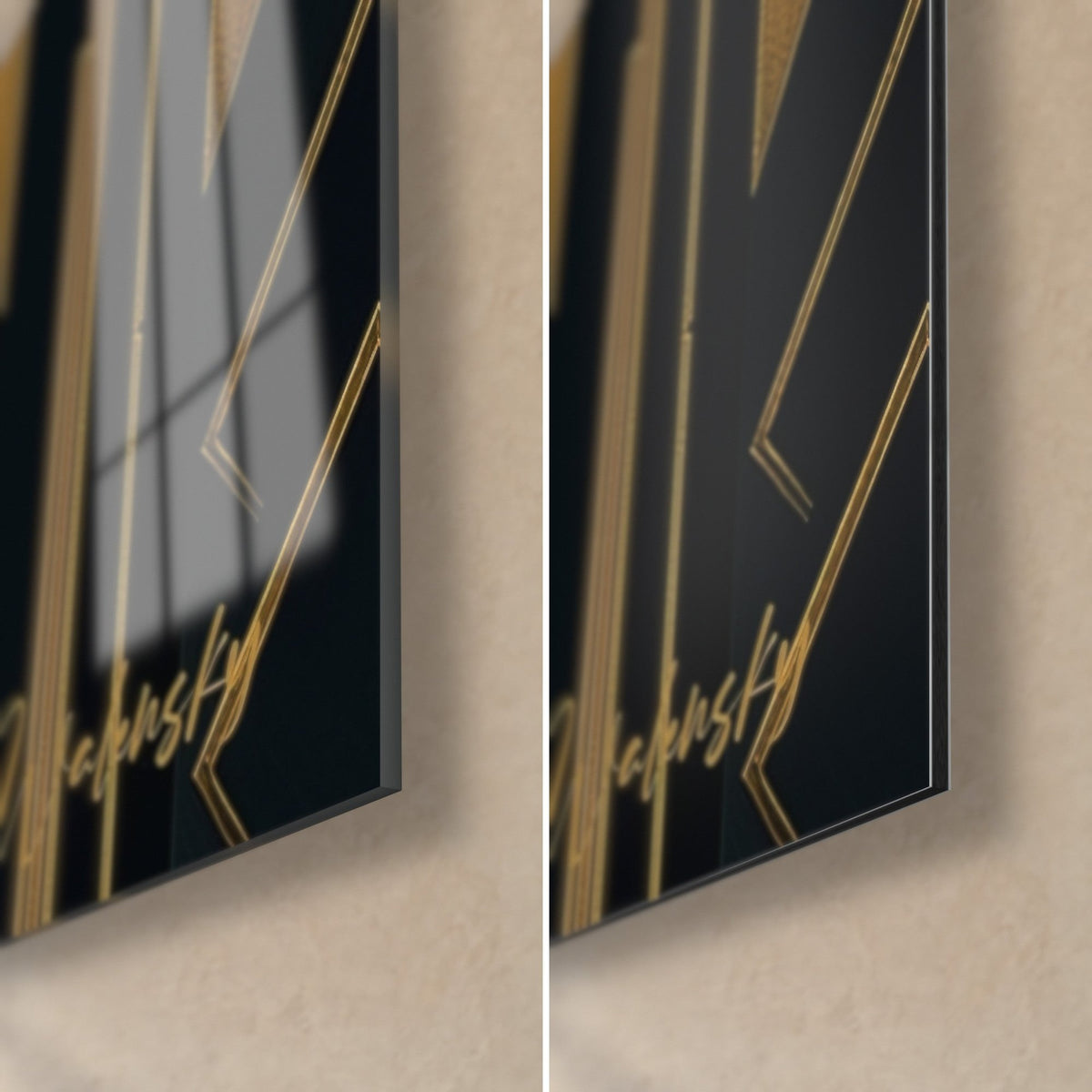 Gemälde Art-déco-Silhouette, untere rechte Ecke: glänzendes Acrylglas links, mattes schwarz-goldenes Dibond rechts, 3 mm Kante
