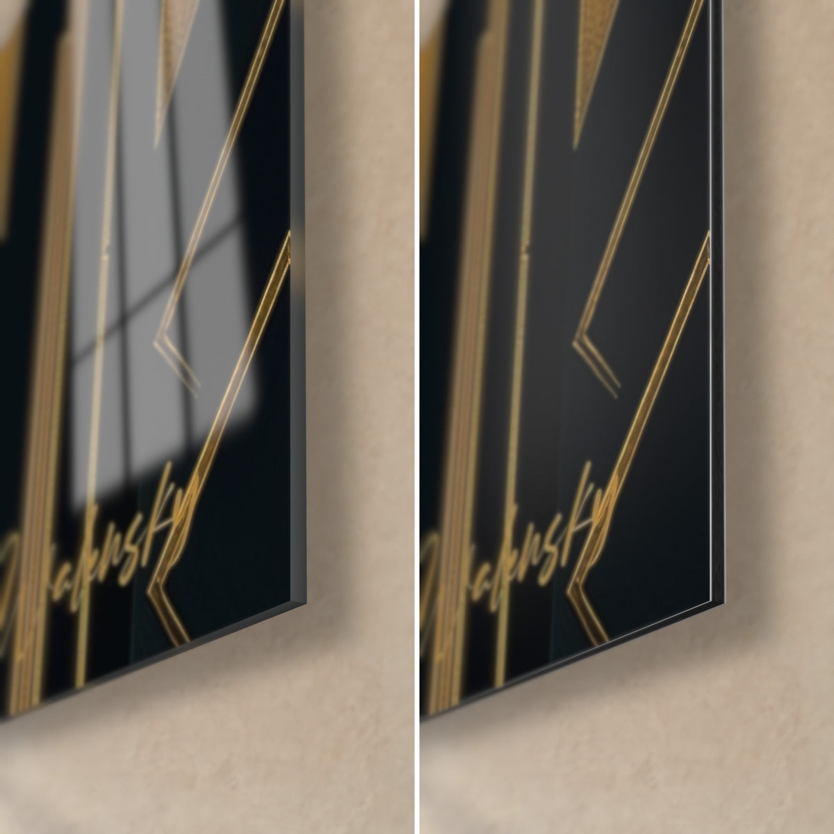 Quadro silhouette Art déco, angolo in basso a destra: vetro acrilico lucido a sinistra, Dibond opaco nero e oro a destra, spessore 3 mm