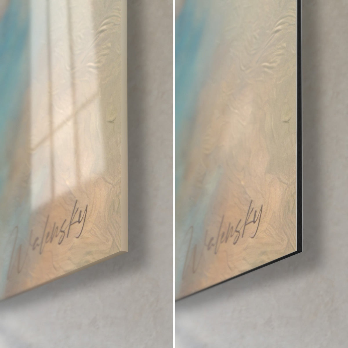 Wall art Tonkinese cat muzzle, cream and turquoise clouds, bottom right corner: glossy acrylic glass and matte Dibond, 3 mm edge