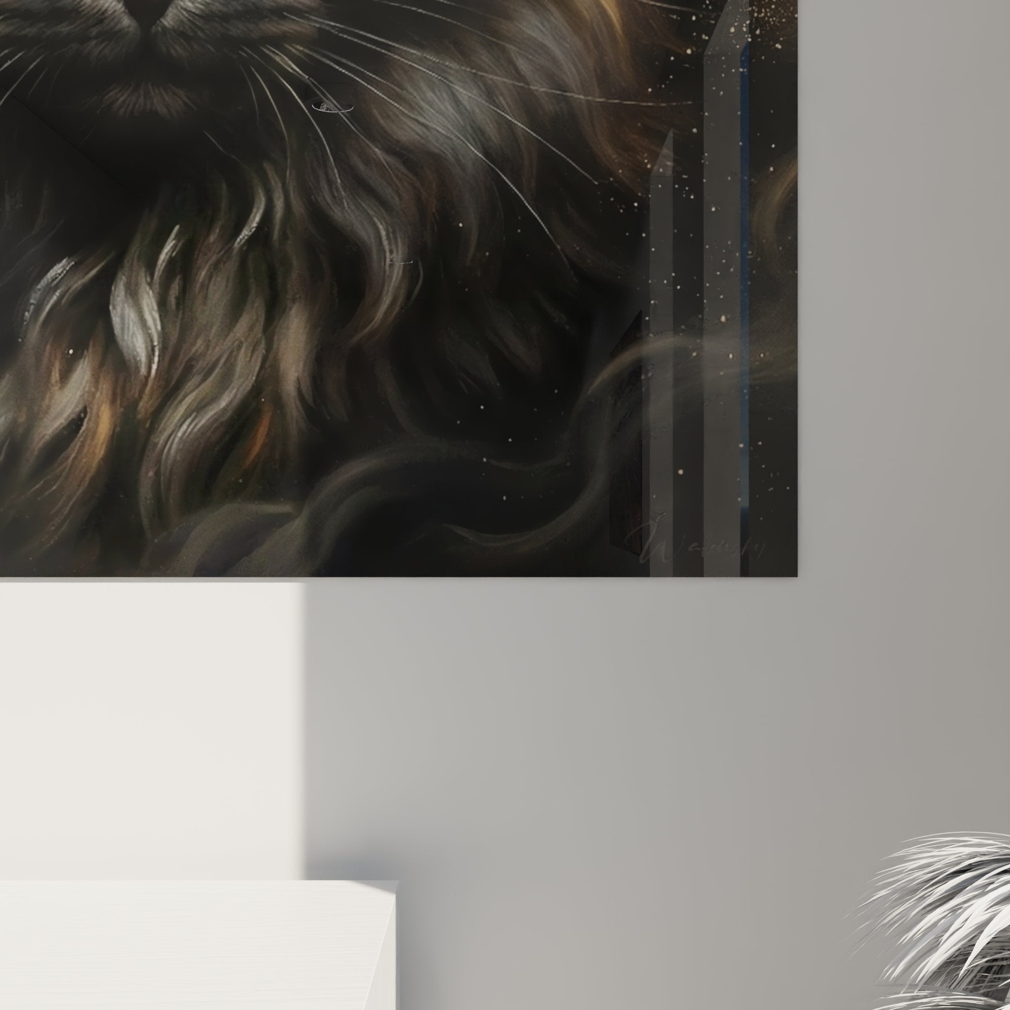 Gesamtansicht Wandbild Katze Norwegian Forest Cat in modernem Wohnzimmer mit Tierkunst-Dekoration