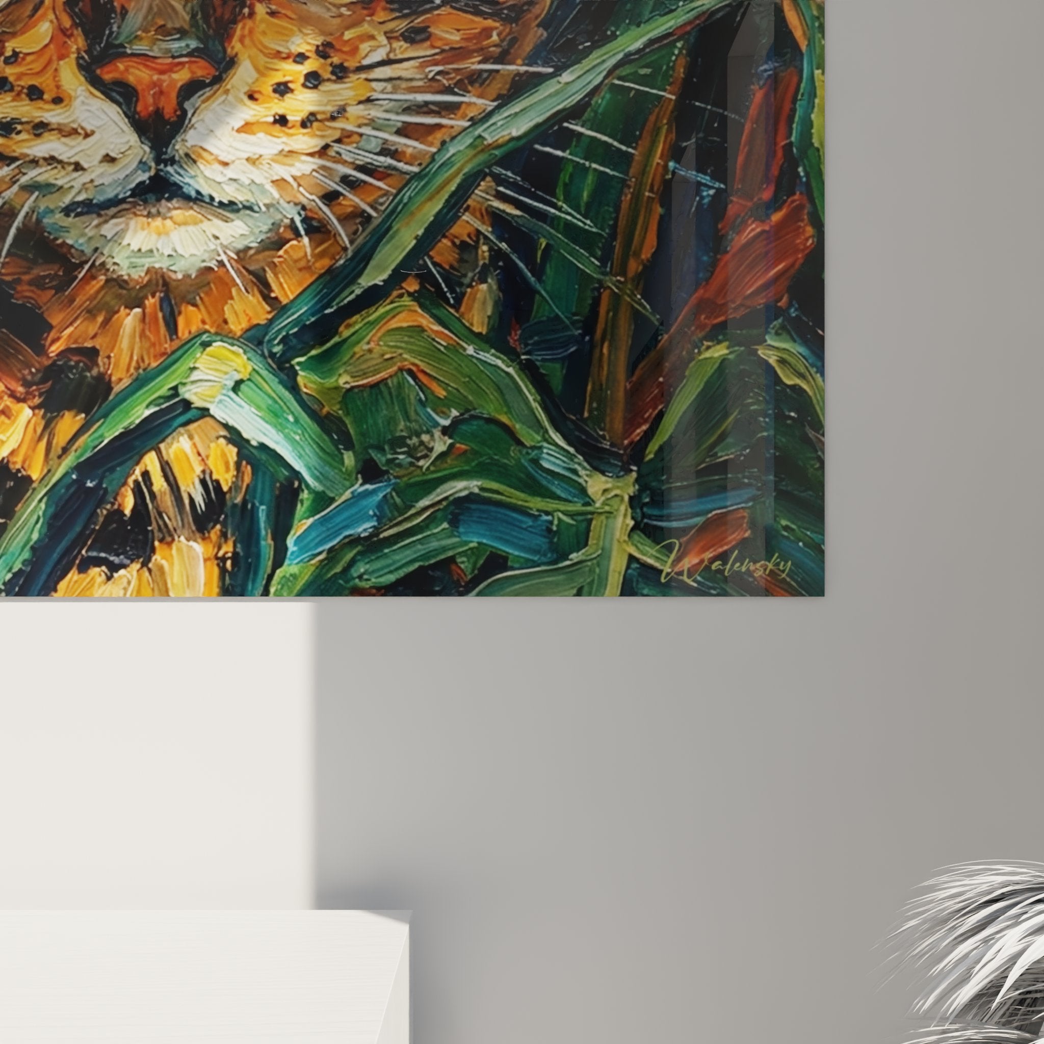 Vue d'ensemble du tableau mural chat Bengal, œuvre d'art féline pour décoration intérieure moderne et élégante