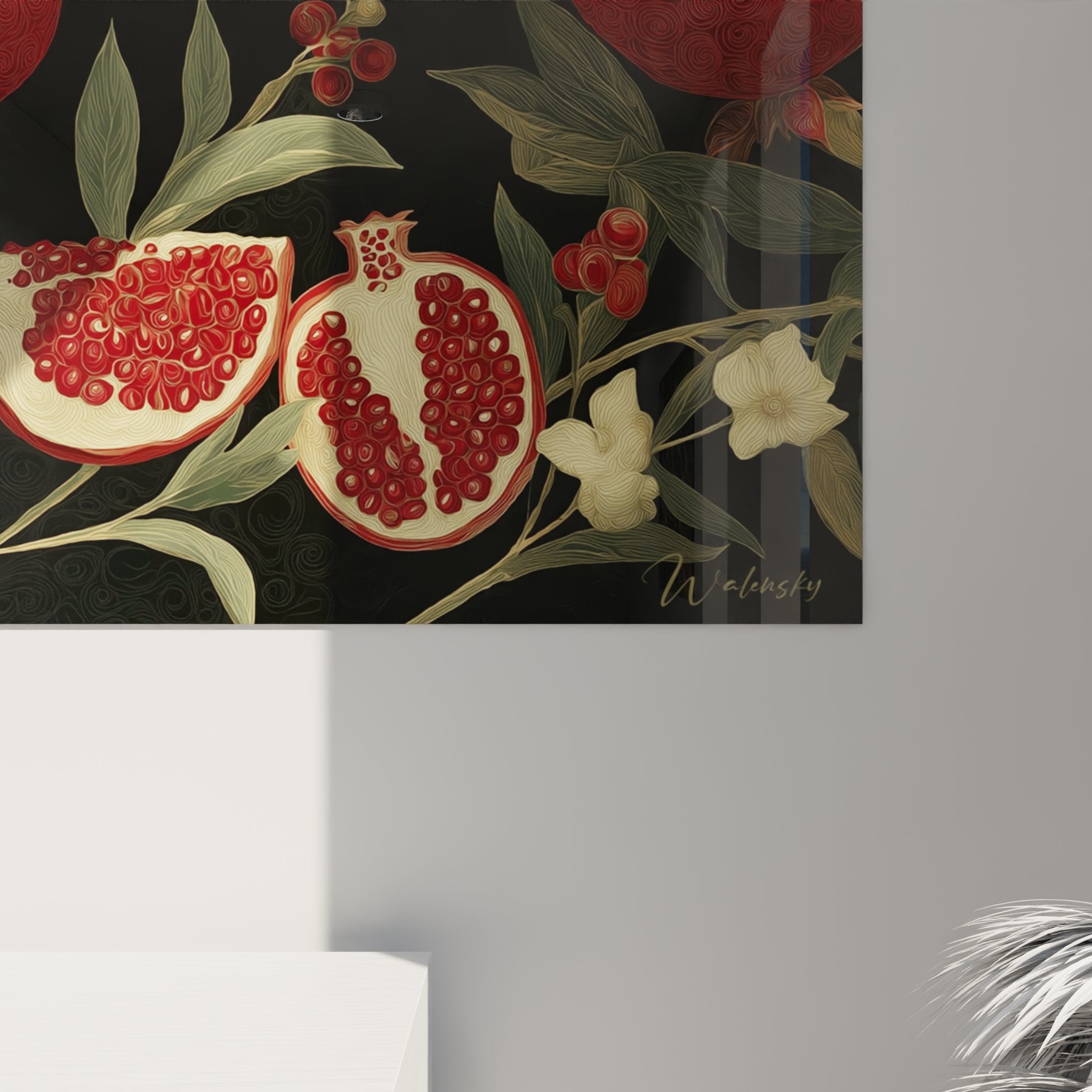 Übersicht Granatapfel-Kunstwerk Art-Déco-Stil, florale Komposition mit Beeren und olivgrünem Laub