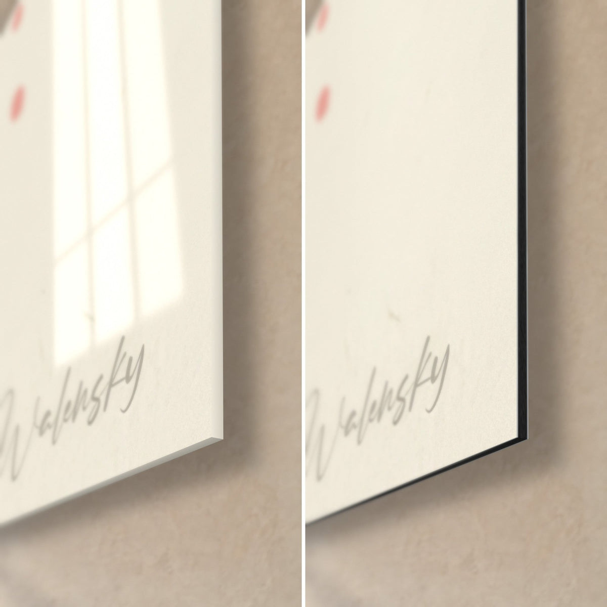 Wall art karate silhouette, bottom right corner: glossy acrylic glass on the left, matte black Dibond aluminium on the right, Walensky signature