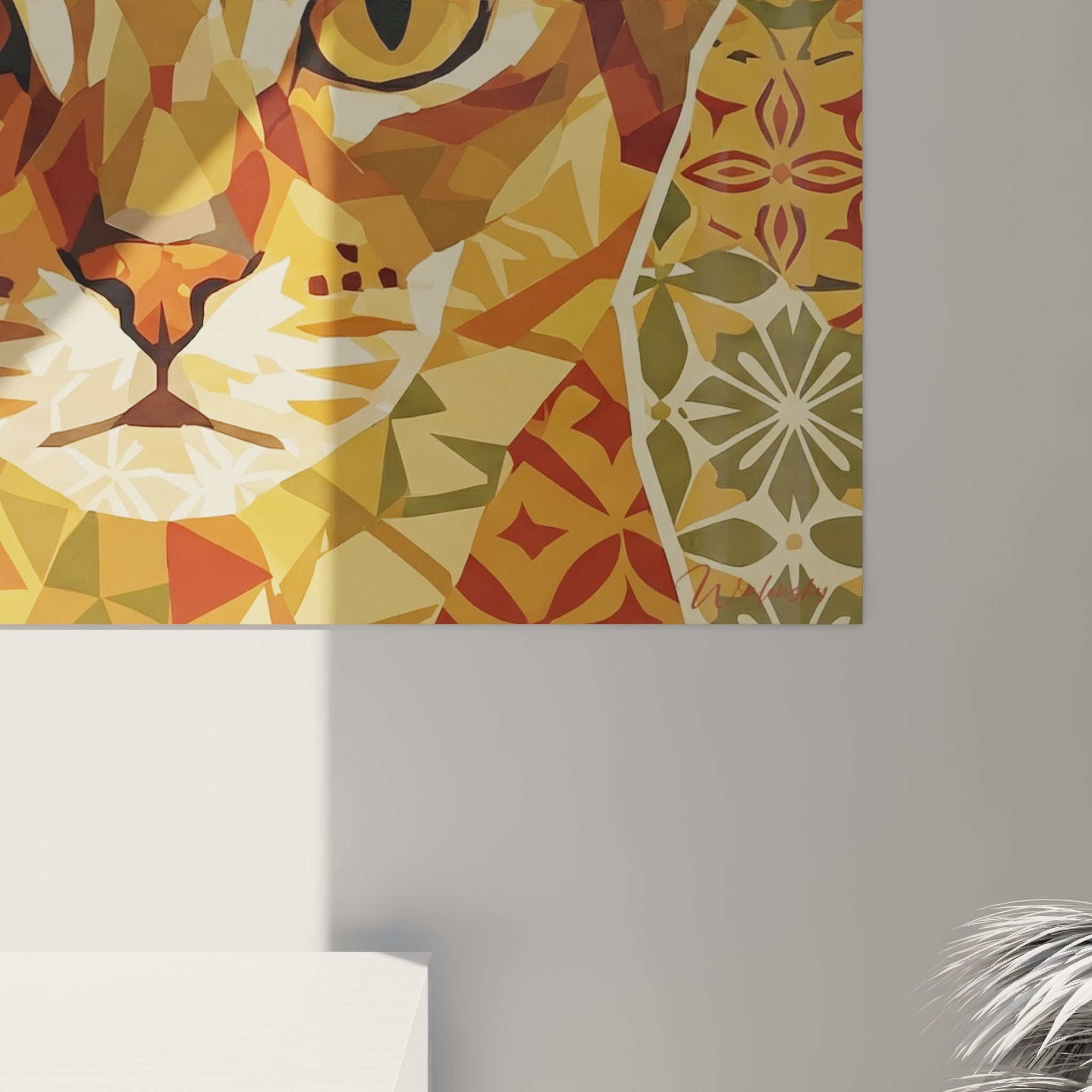 Vista d'insieme del quadro gatto abissino geometrico dorato che presenta l'armonia dei colori ramati e bronzei