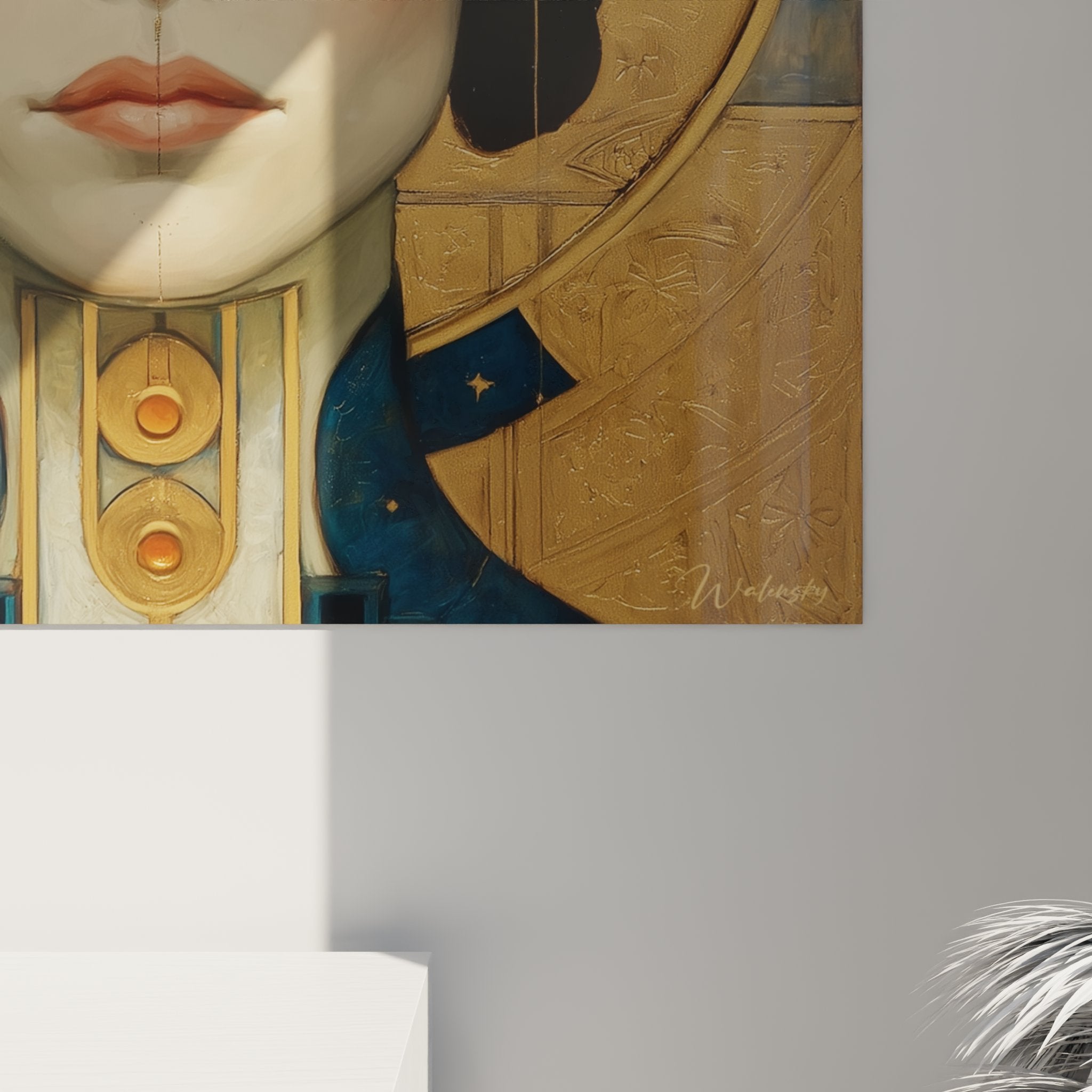 Full view portrait artwork art deco elegant woman with gold frame and geometric decorative motifs