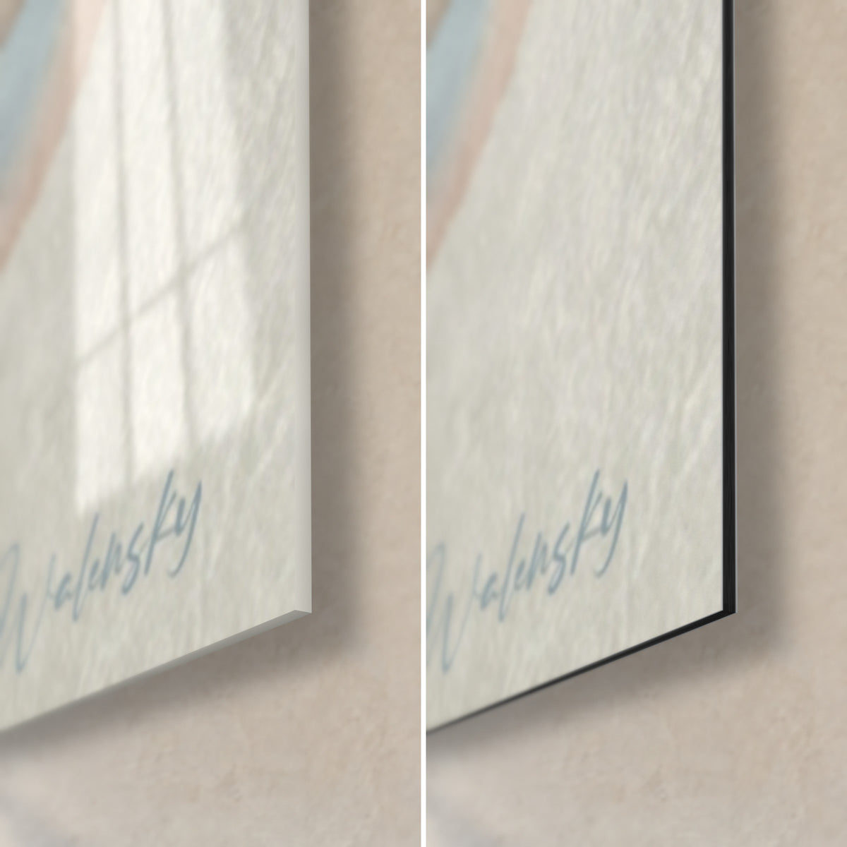 Quadro saltatore con la corda, angolo in basso a destra: firma Walensky grigio-azzurra, vetro acrilico lucido e Dibond nero opaco