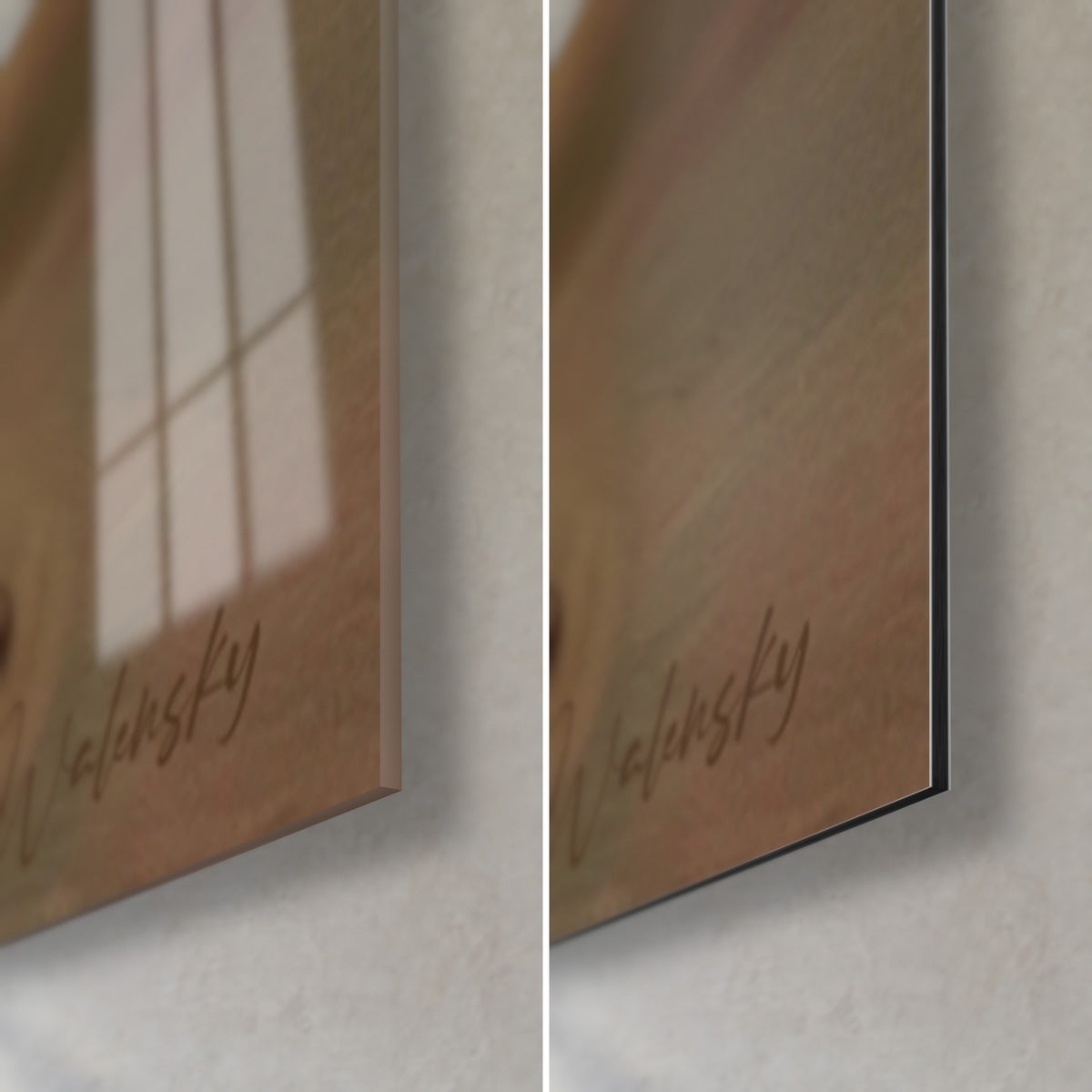 Tableau sportive courbée, rose poudré et beige doré, signature Walensky, verre acrylique brillant à gauche et Dibond mat à droite