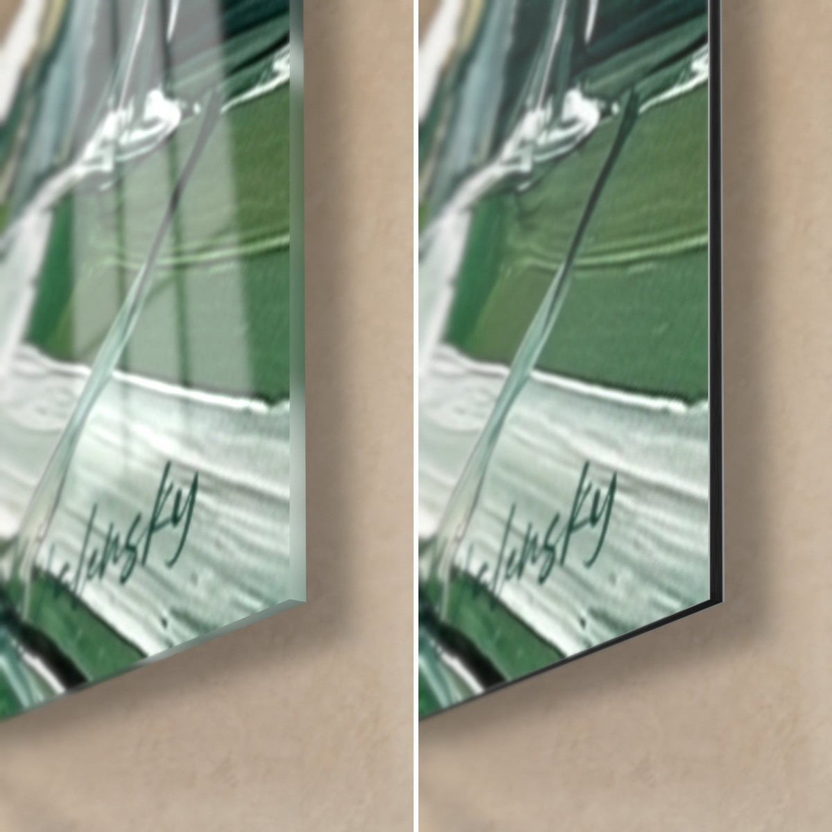 Schilderij van een rode tafelvoetbalspeler, rechtsonder: glanzend acrylglas links, mat zwart Dibond rechts, groene handtekening