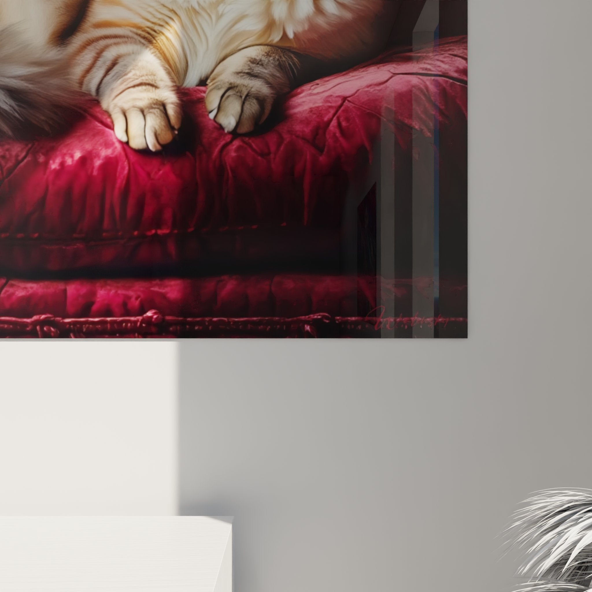 Overview of decorative wall art featuring noble Birman cat resting on burgundy cushion with sophisticated golden baroque decor