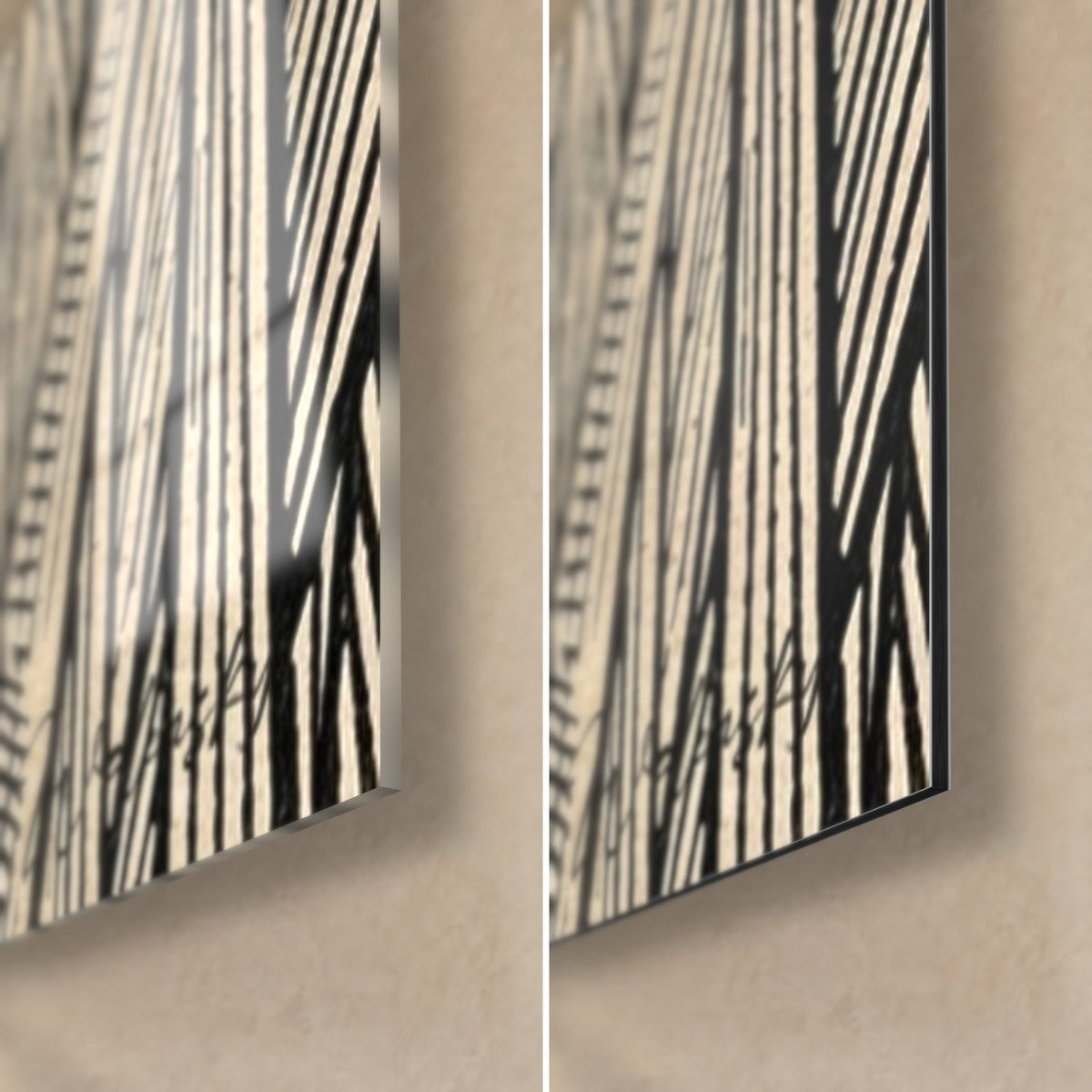 Cuadro gato entre juncos, esquina inferior derecha: cristal acrílico brillante a la izquierda, aluminio Dibond mate a la derecha, canto negro, tinta sobre beige