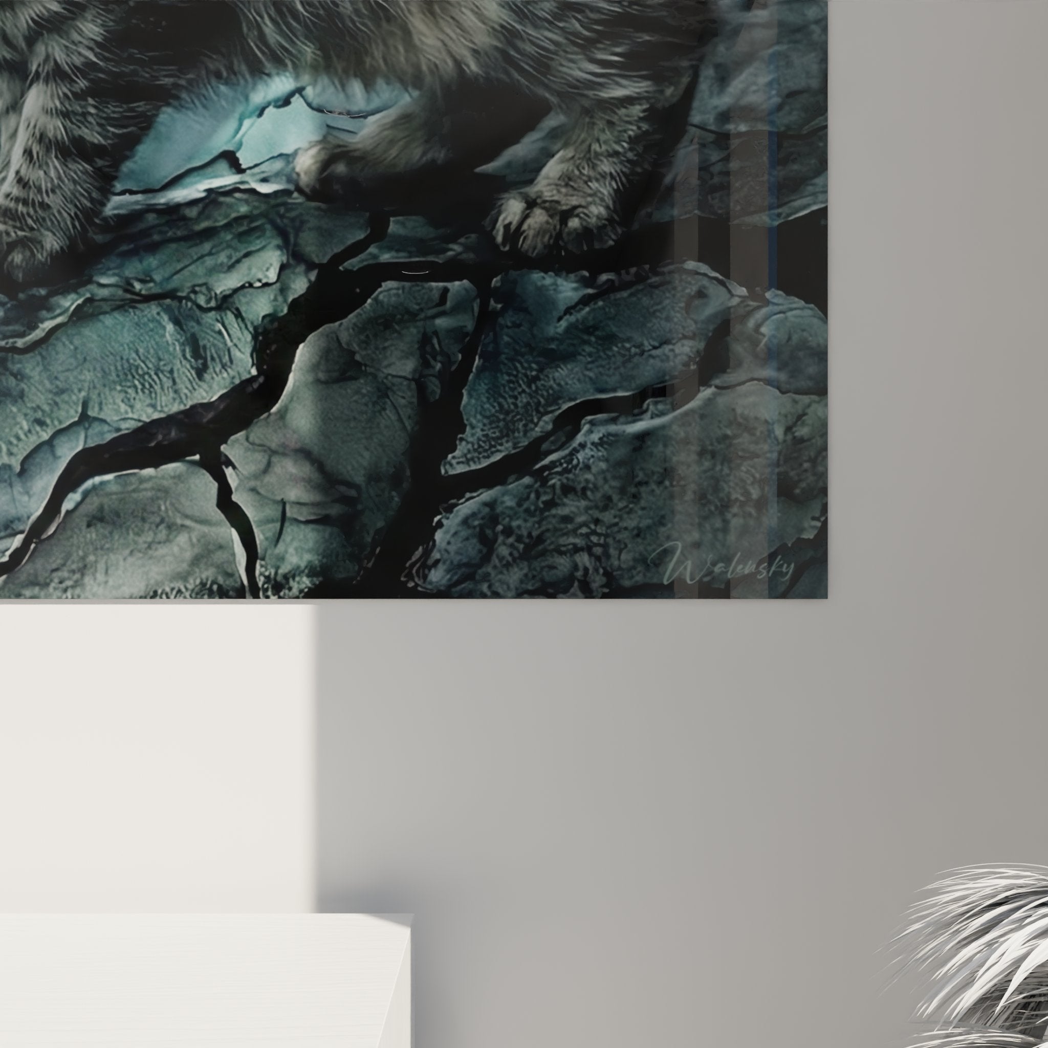 Overview of the Kurilian Bobtail cat artwork in a contemporary interior with light-colored walls