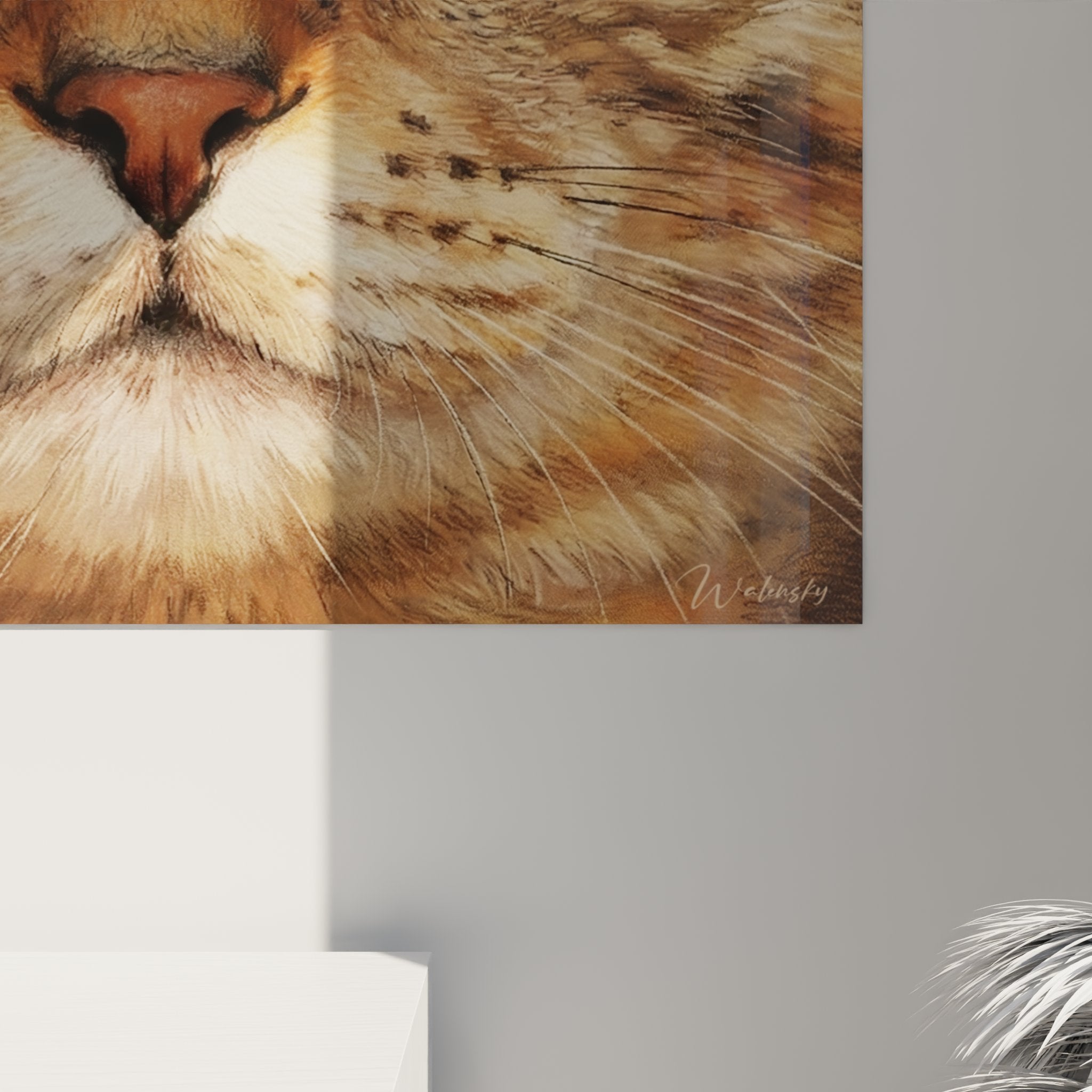Vue ensemble tableau portrait chat American Shorthair decoration murale, art felin yeux ambres pelage tigre realiste