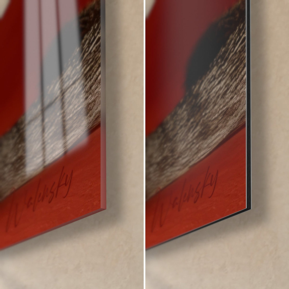 Gemälde getigerte Katze auf leuchtend rotem Hintergrund, untere rechte Ecke: glänzendes Acrylglas links, matt gebürstetes Dibond rechts, 3 mm Stärke