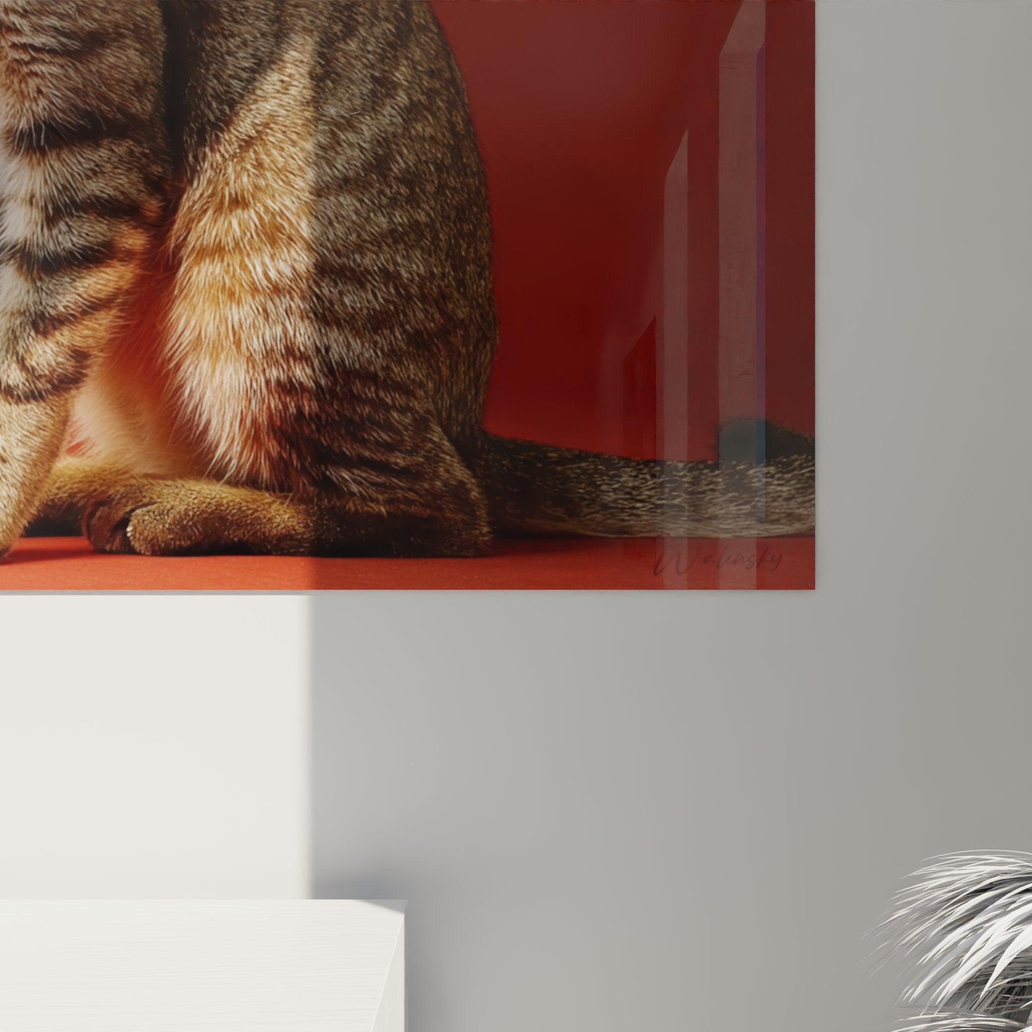 Panoramica del quadro gatto Sokoke in un interno contemporaneo, decorazione murale felina