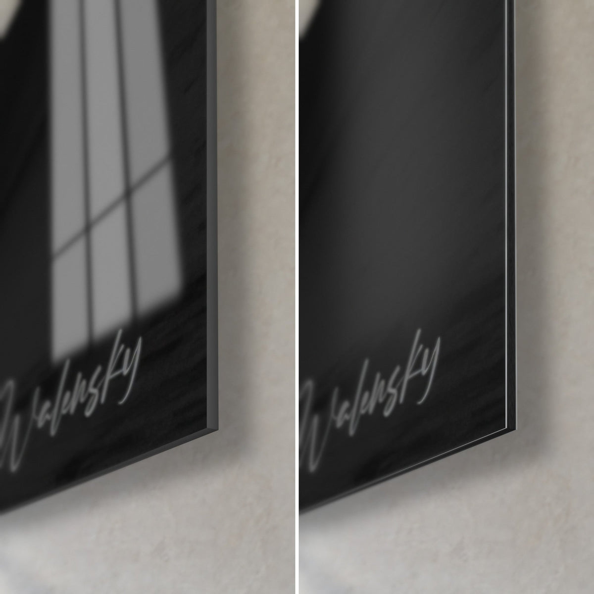 Tableau skieur alpin en noir et blanc, coin bas droit : verre acrylique brillant à gauche, alu Dibond mat à droite, tranche de 3 mm