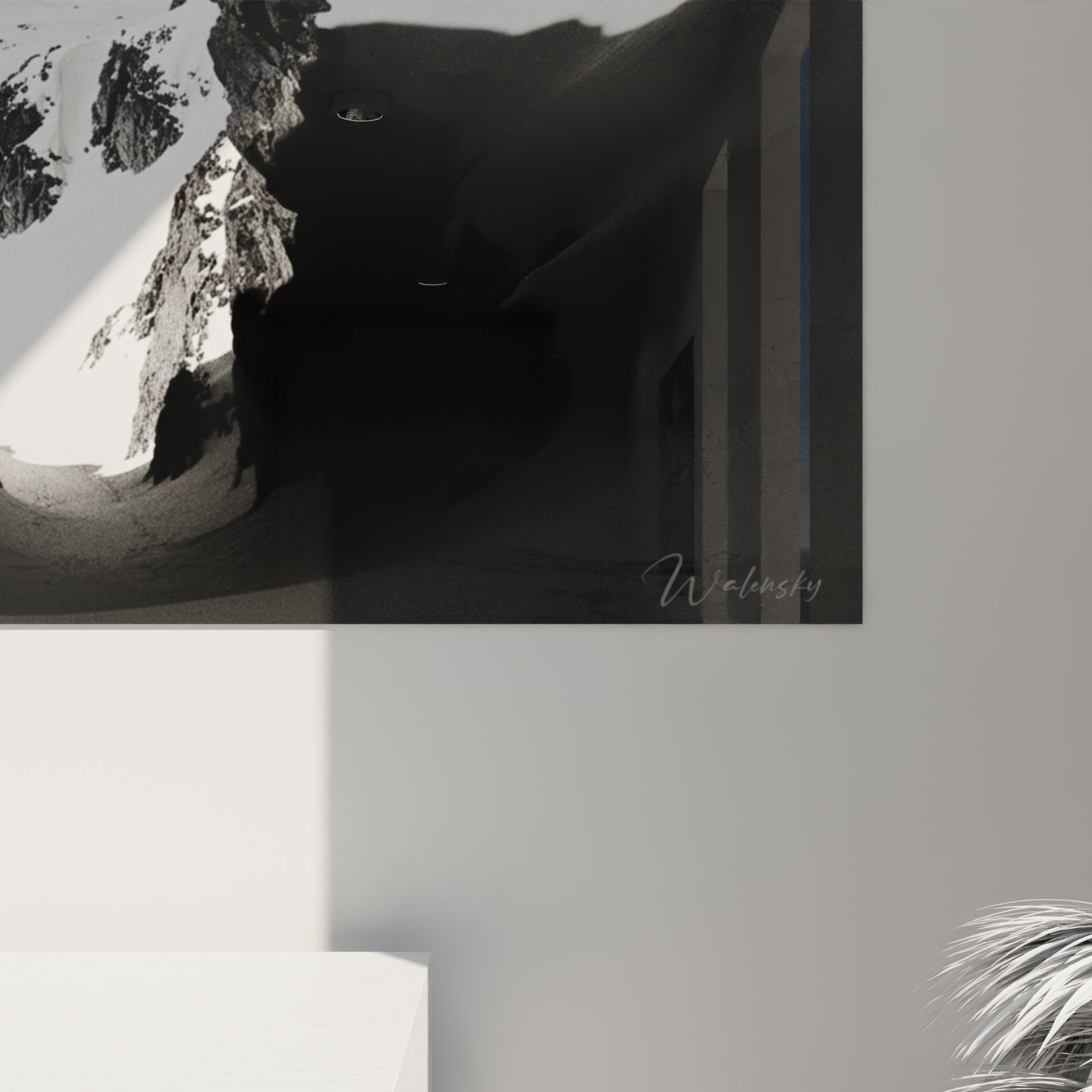 Vue ensemble tableau skieur alpin noir blanc dans salon decoration murale theme montagne sports