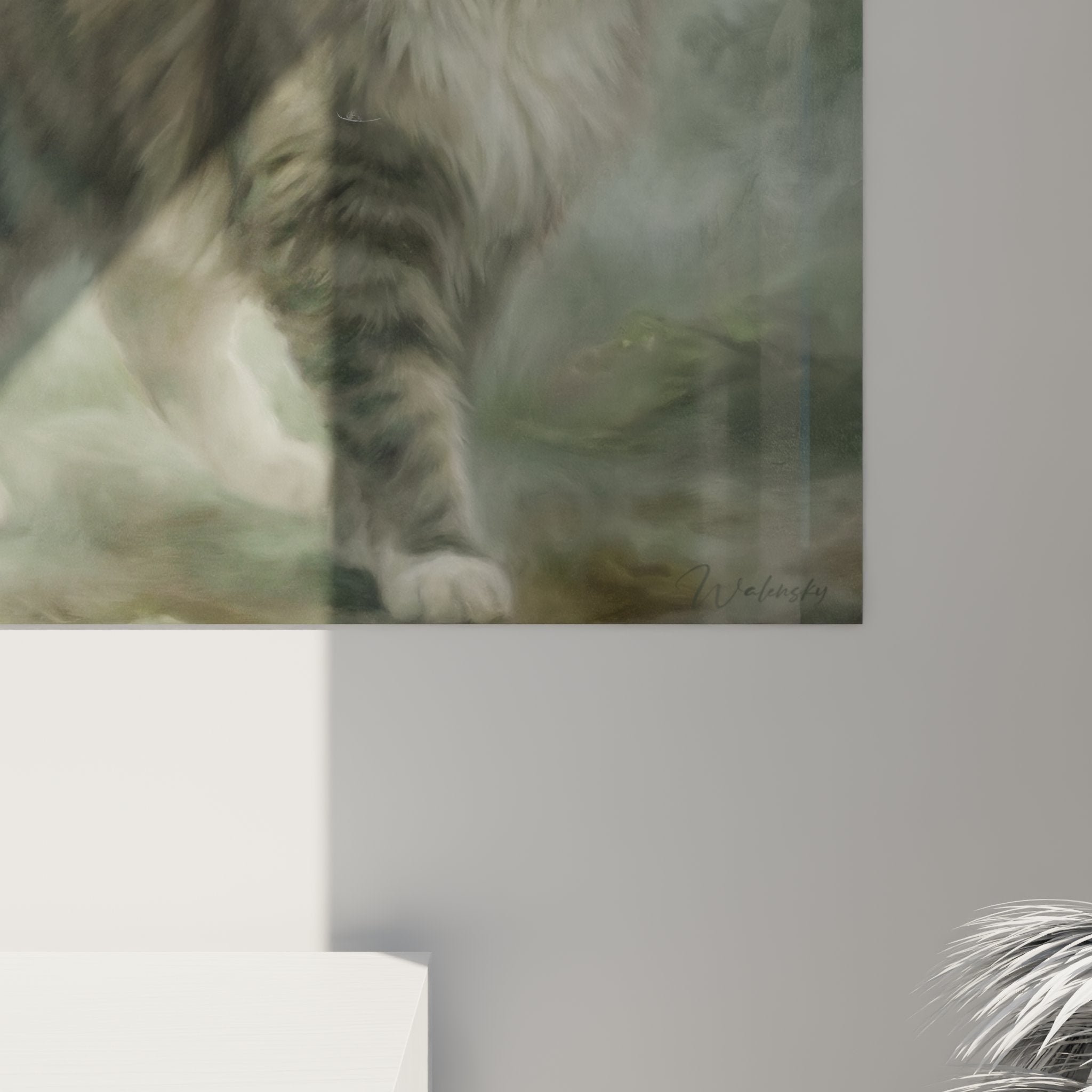 Gesamtansicht des Gemäldes Norwegian Forest Cat mit vollständiger Komposition, Fenster und winterlicher Atmosphäre