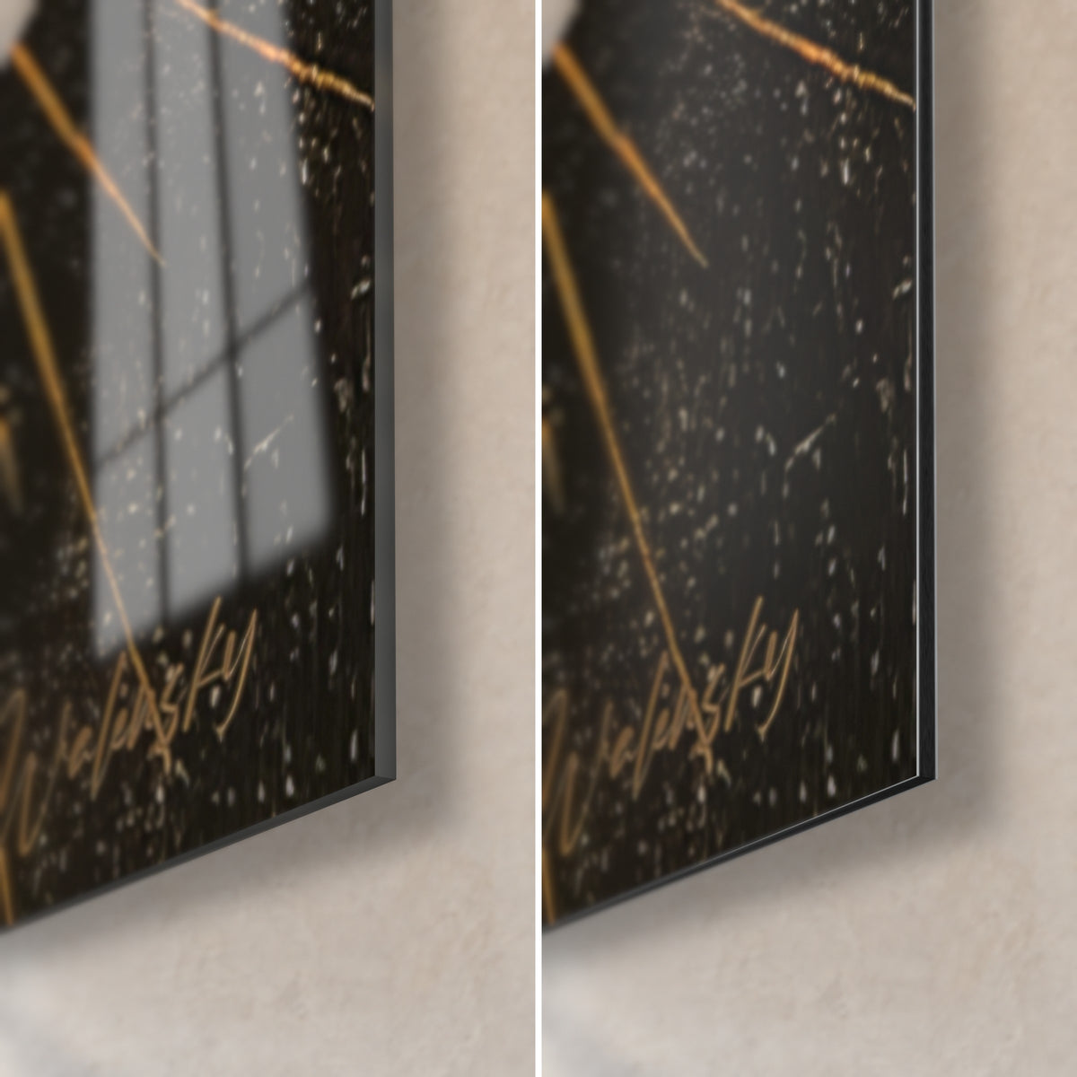 Tableau astre solaire orange et noir, coin bas droit : verre acrylique brillant reflétant la fenêtre, alu Dibond mat