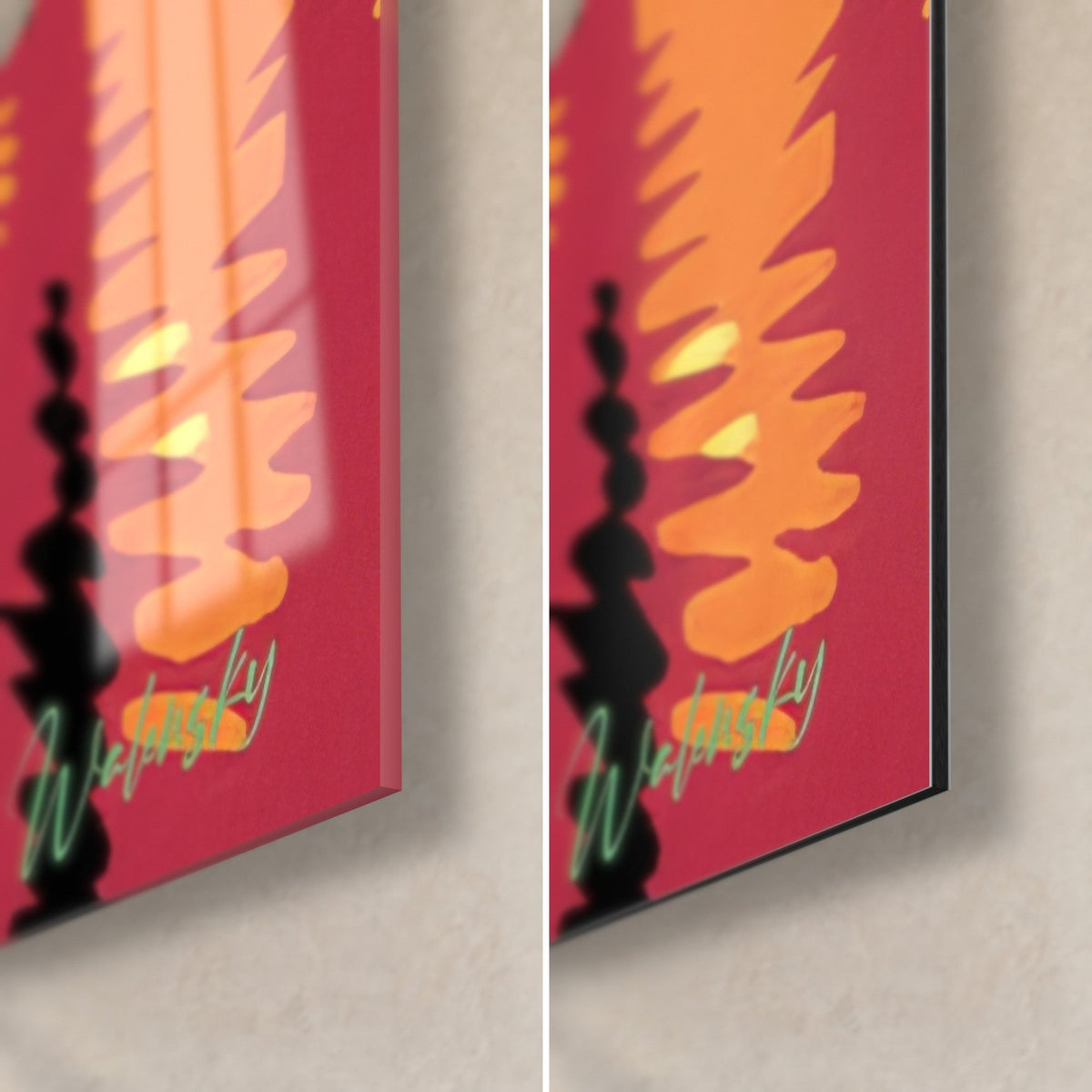 Gemälde orangefarbener Kater mit schwarzen Konturen, untere rechte Ecke: glänzendes Acrylglas links, matte Dibond rechts, 3 mm Kante