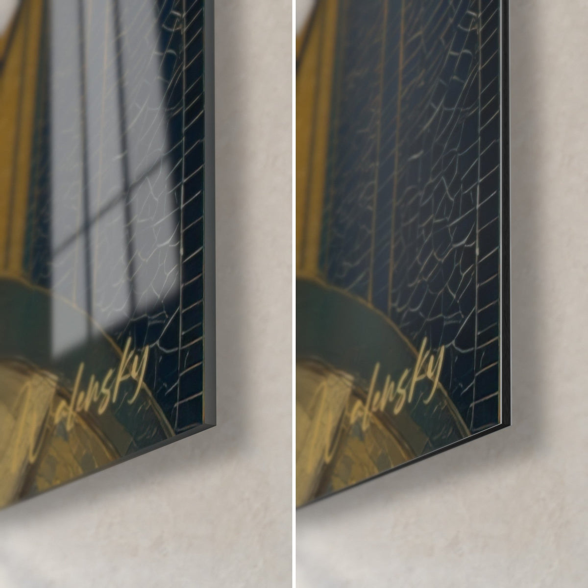 Cuadro rostro de diosa Art Déco, esquina inferior derecha en mosaico azul noche y oro, grosor de 3 mm, cristal brillante y Dibond mate