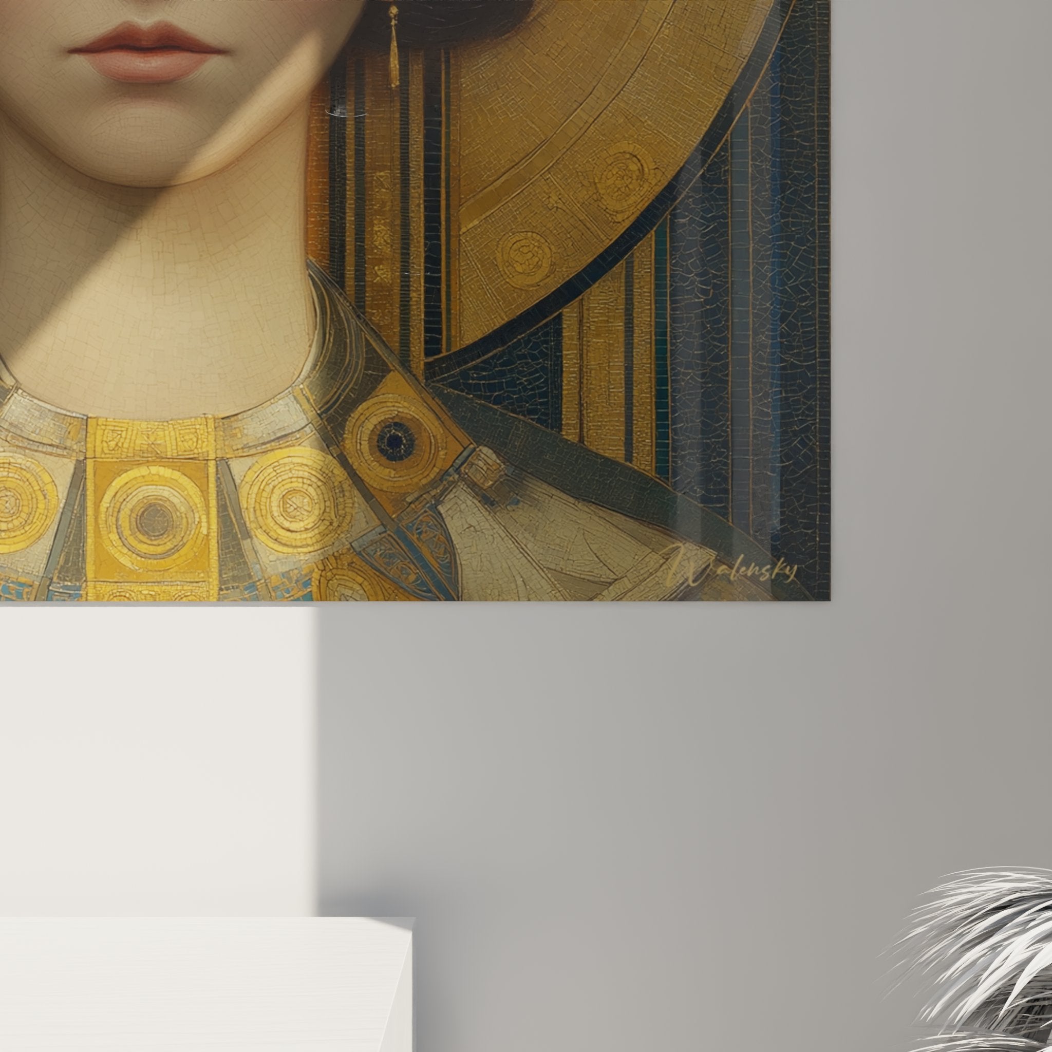 Gesamtansicht Kunstwerk Art-Deco-Porträt byzantinische Frau mystische Wanddekoration goldene Inneneinrichtung