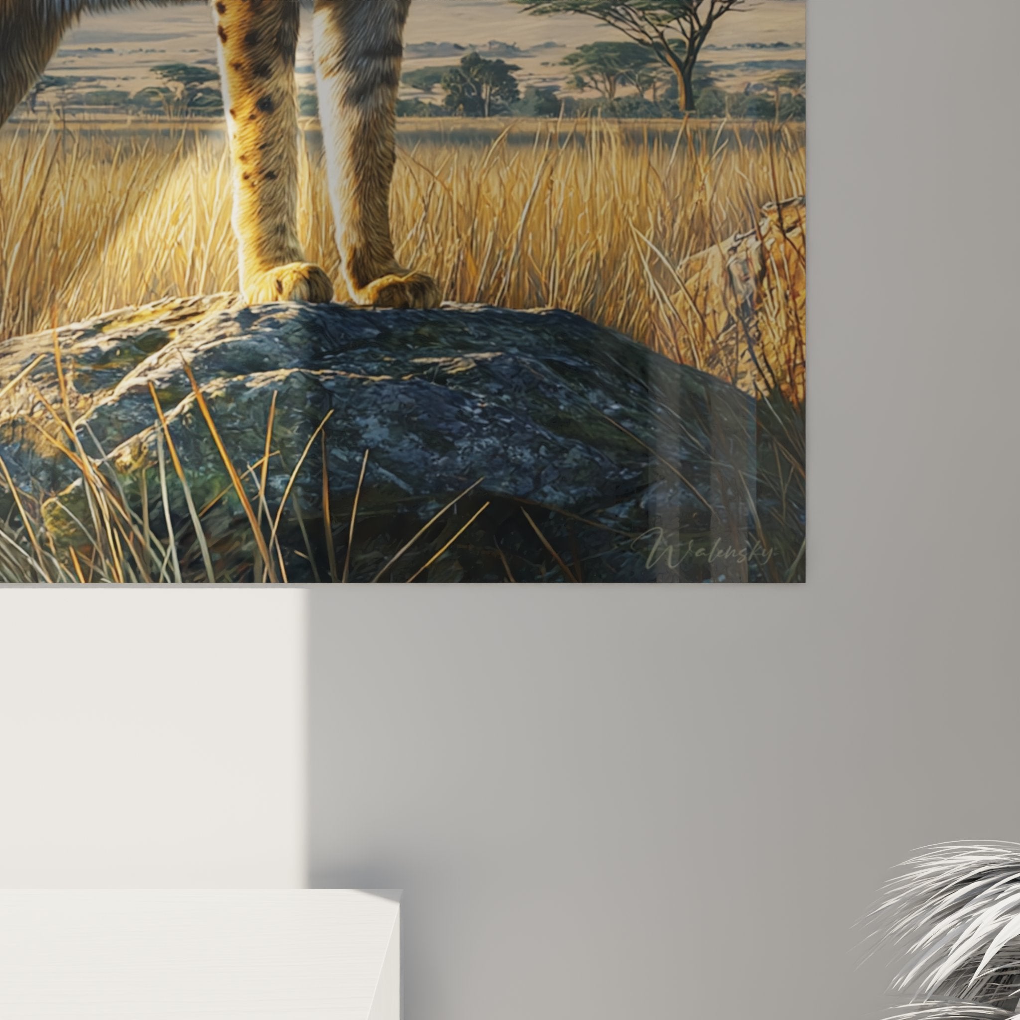 Panoramica quadro murale gatto Serengeti paesaggio savana africana erbe dorate acacie montagna
