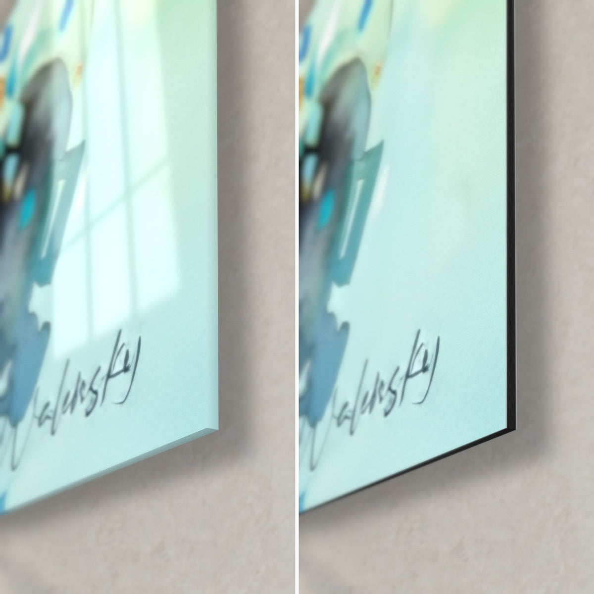 Gemälde mit kristallinen Blasen in Königsblau und Gold, untere rechte Ecke, links glänzendes Acrylglas mit Reflexion, rechts matter Dibond