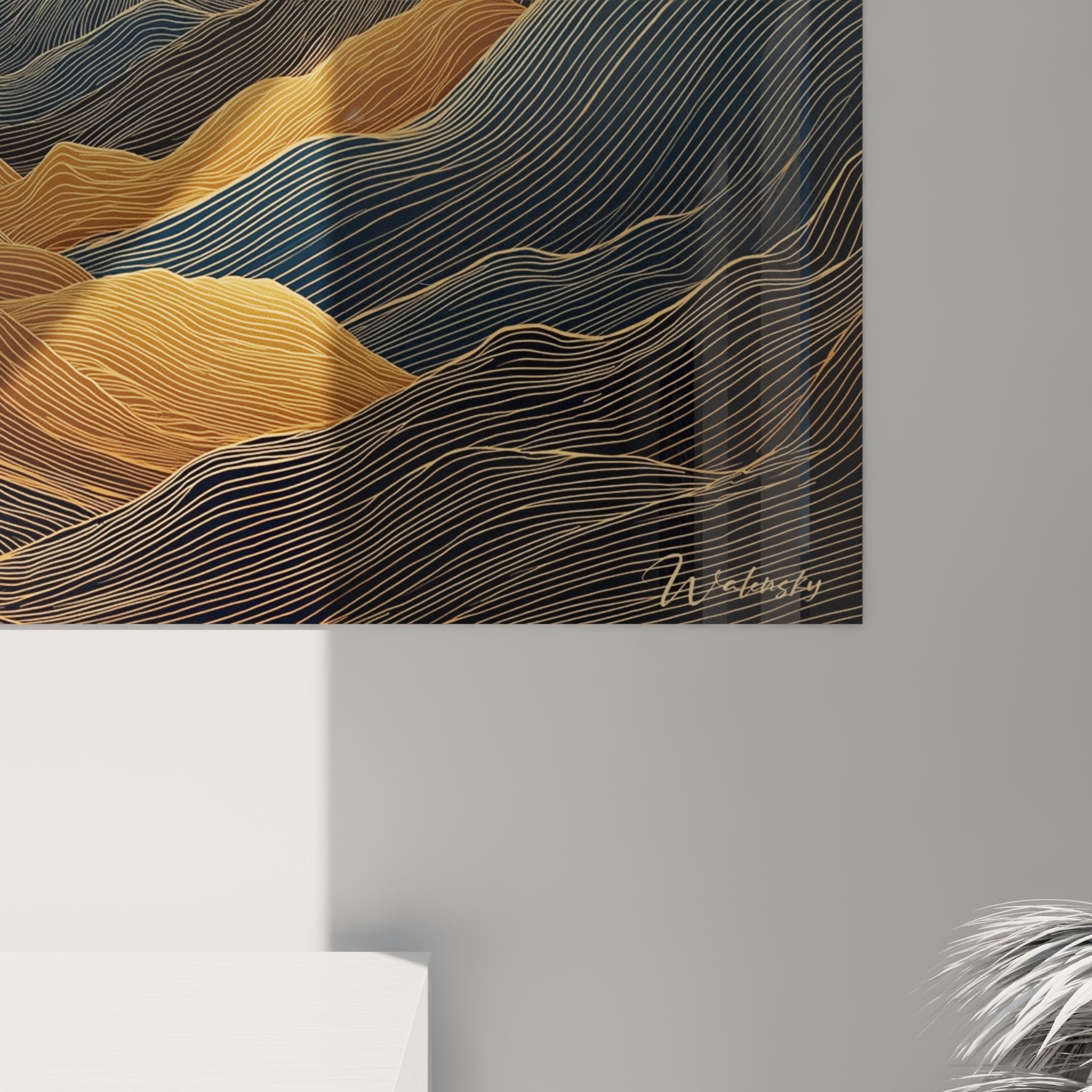 Overview of art deco mountain landscape wall art in a modern living room with ambient lighting