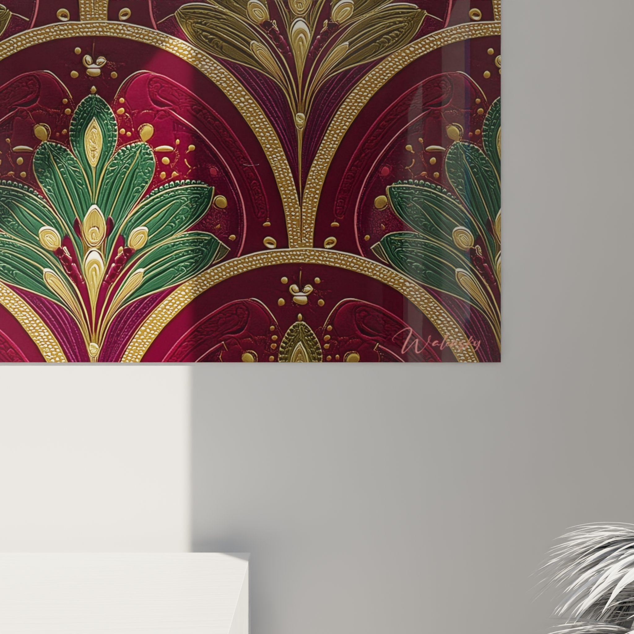 Vue ensemble tableau art deco motifs geometriques floraux eventails bordeaux or decoration