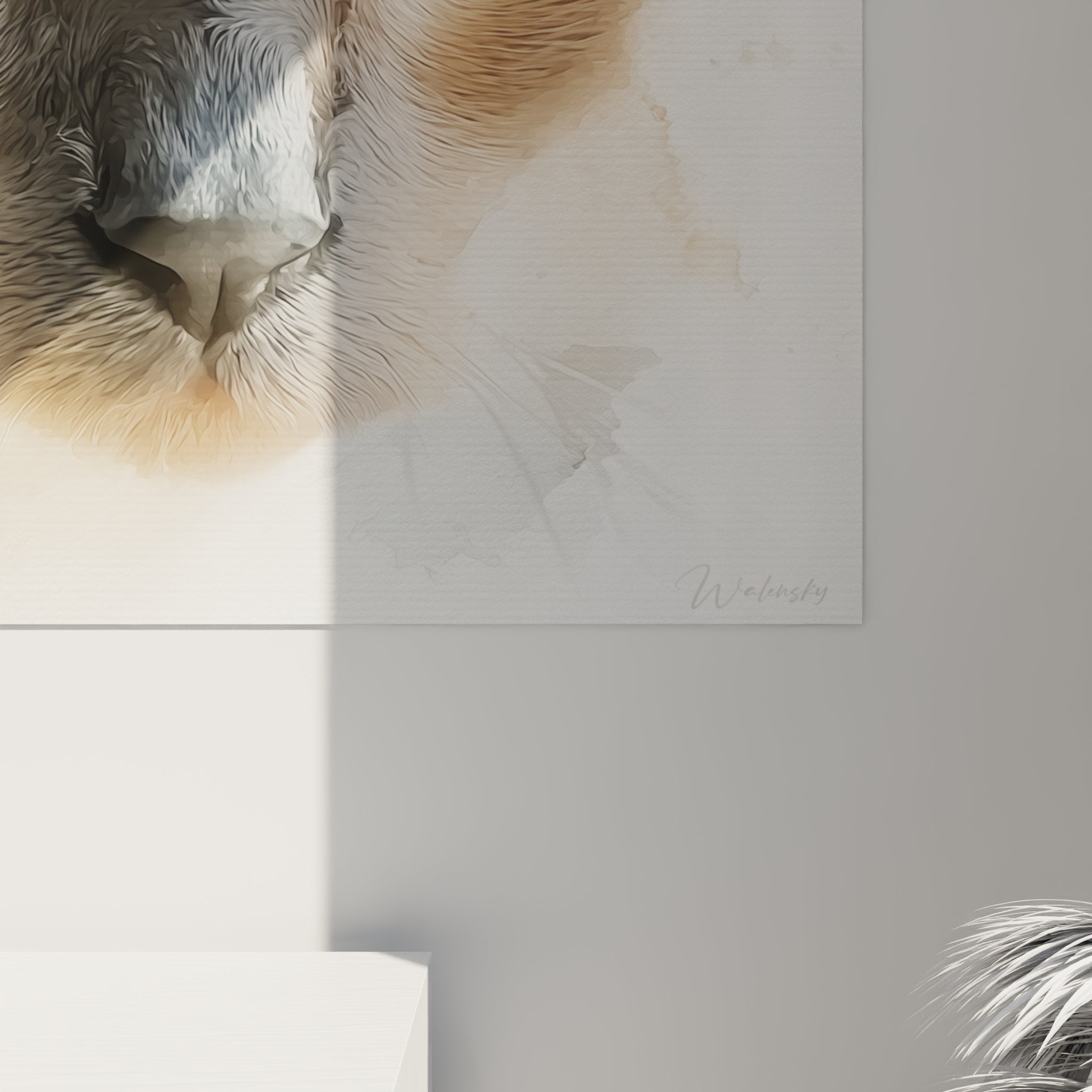 Vue ensemble tableau mural chat siamois, œuvre art animalier moderne aux tons beige et bleu pour salon