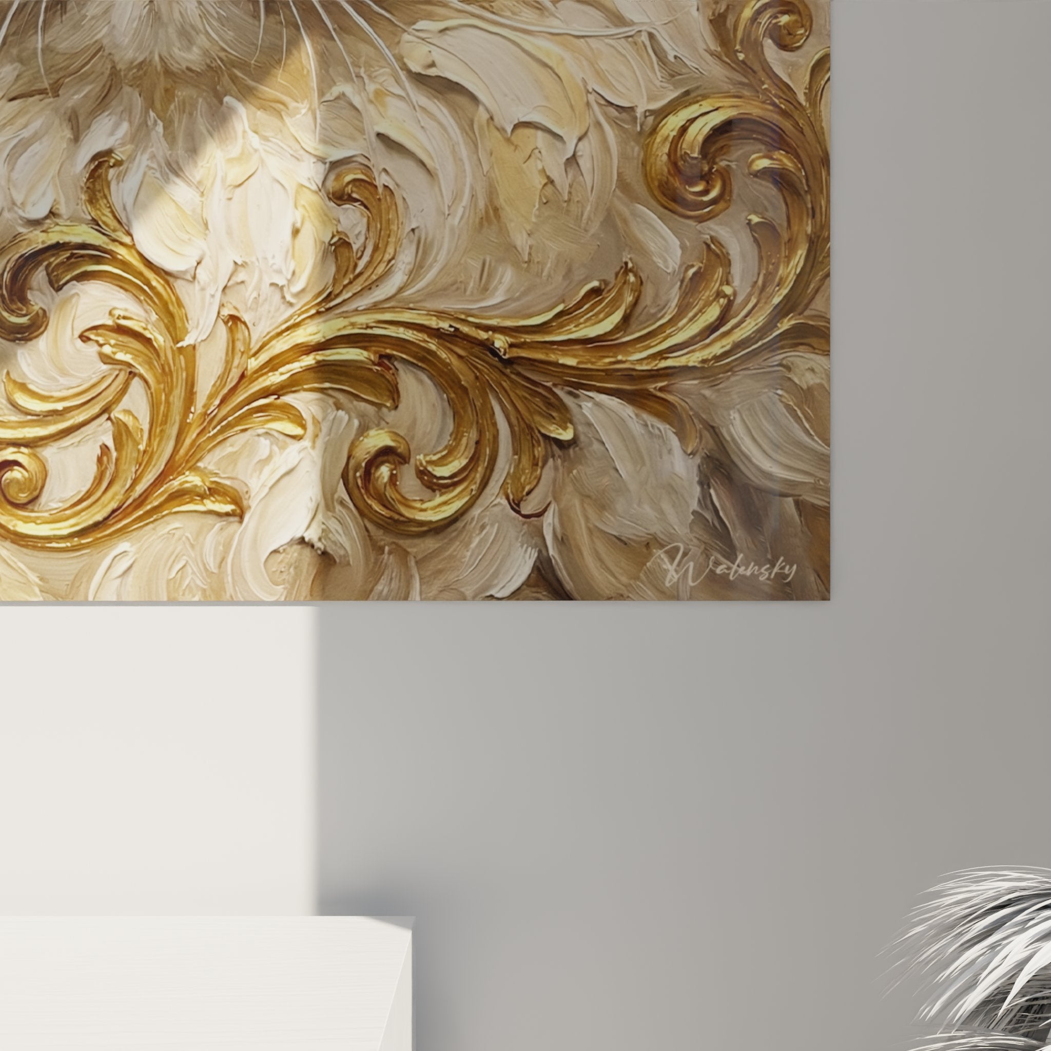 Vue d'ensemble tableau mural chat Himalayan style baroque avec volutes dorées décoratives