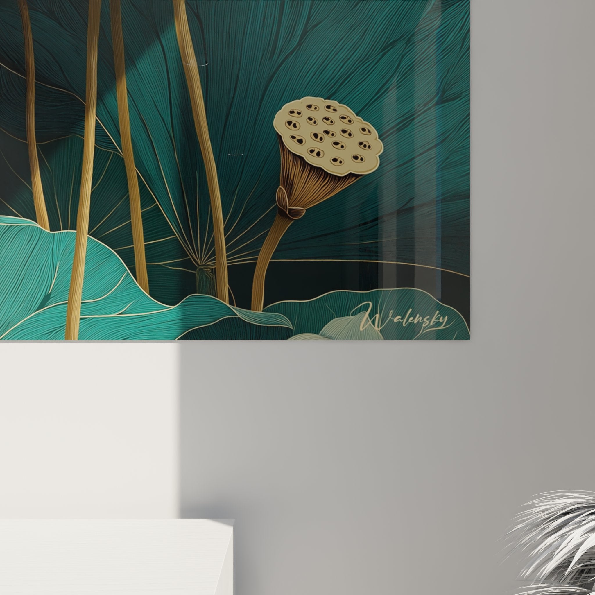 Overview of the lotus art deco wall art in a contemporary interior with soft lighting