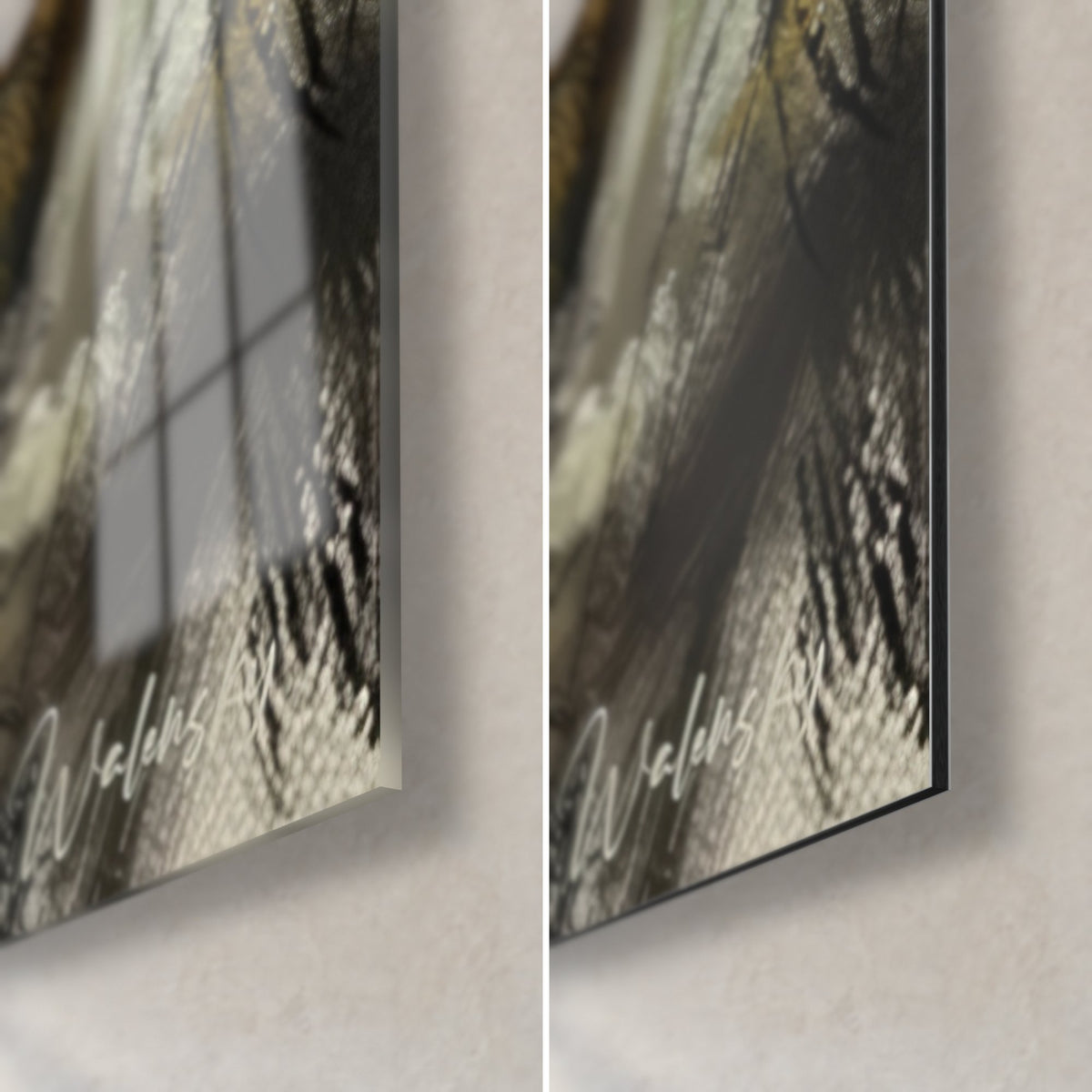 Wall art of a chamois, bottom right corner: glossy acrylic on the left, matte black Dibond on the right, 3 mm edge visible