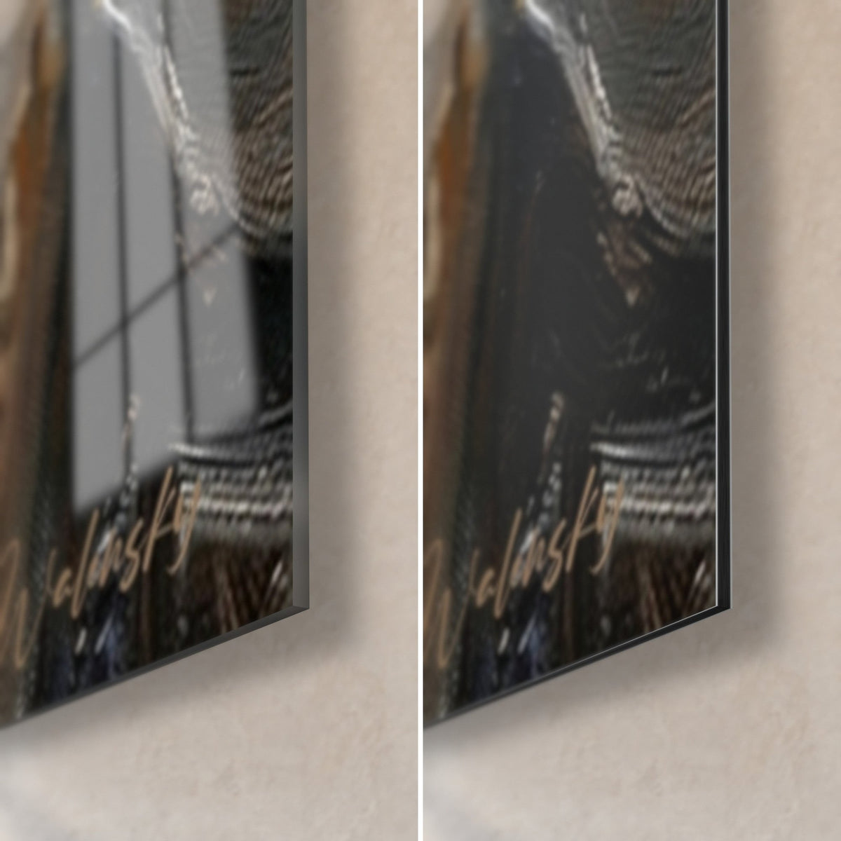 Cuadro de escalada pintado al óleo, esquina inferior derecha en cristal brillante y Dibond negro mate, canto de 3 mm y firma Walensky