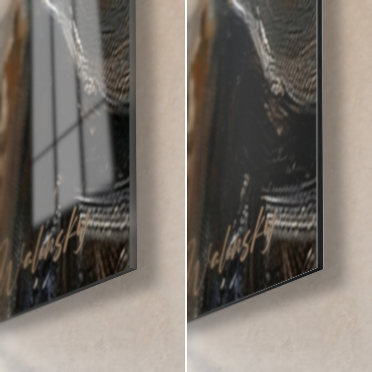 Oil-painted climbing wall art, lower right corner in glossy glass and matte black Dibond, 3 mm edge and Walensky signature