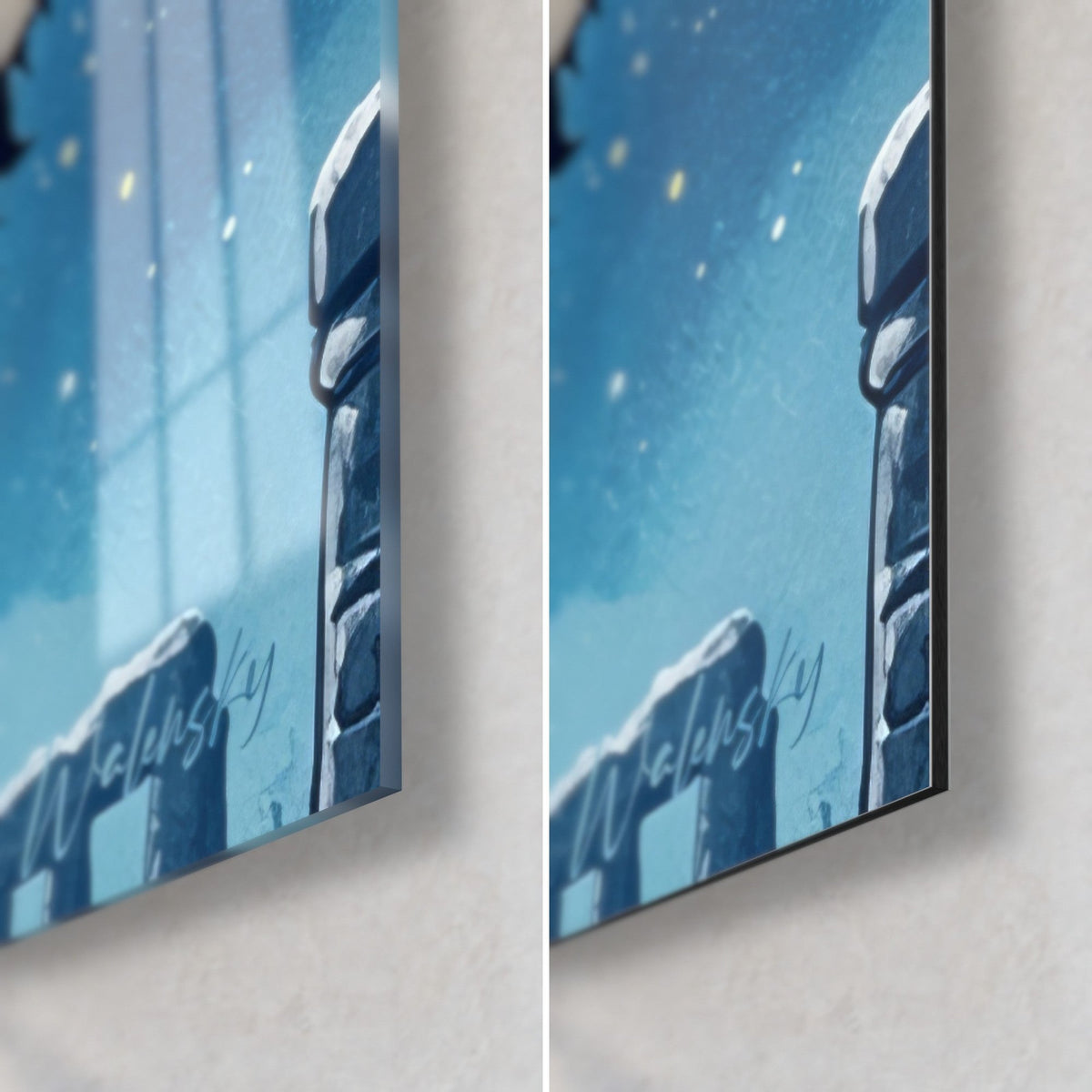 Gemälde schwarze Katze unter dem Mond, untere rechte Ecke: glänzendes Acrylglas links, matte Alu-Dibond rechts, schneebedeckte bläuliche Steine