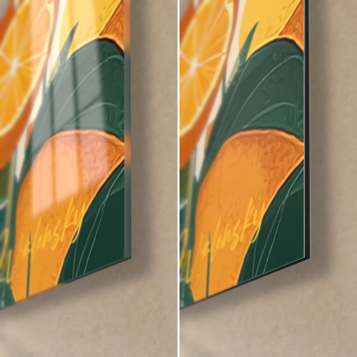 Gemälde mit zitronengelber Schale und tiefgrünem Laub, untere rechte Ecke: glänzendes Acrylglas links, mattes orangefarbenes Dibond rechts