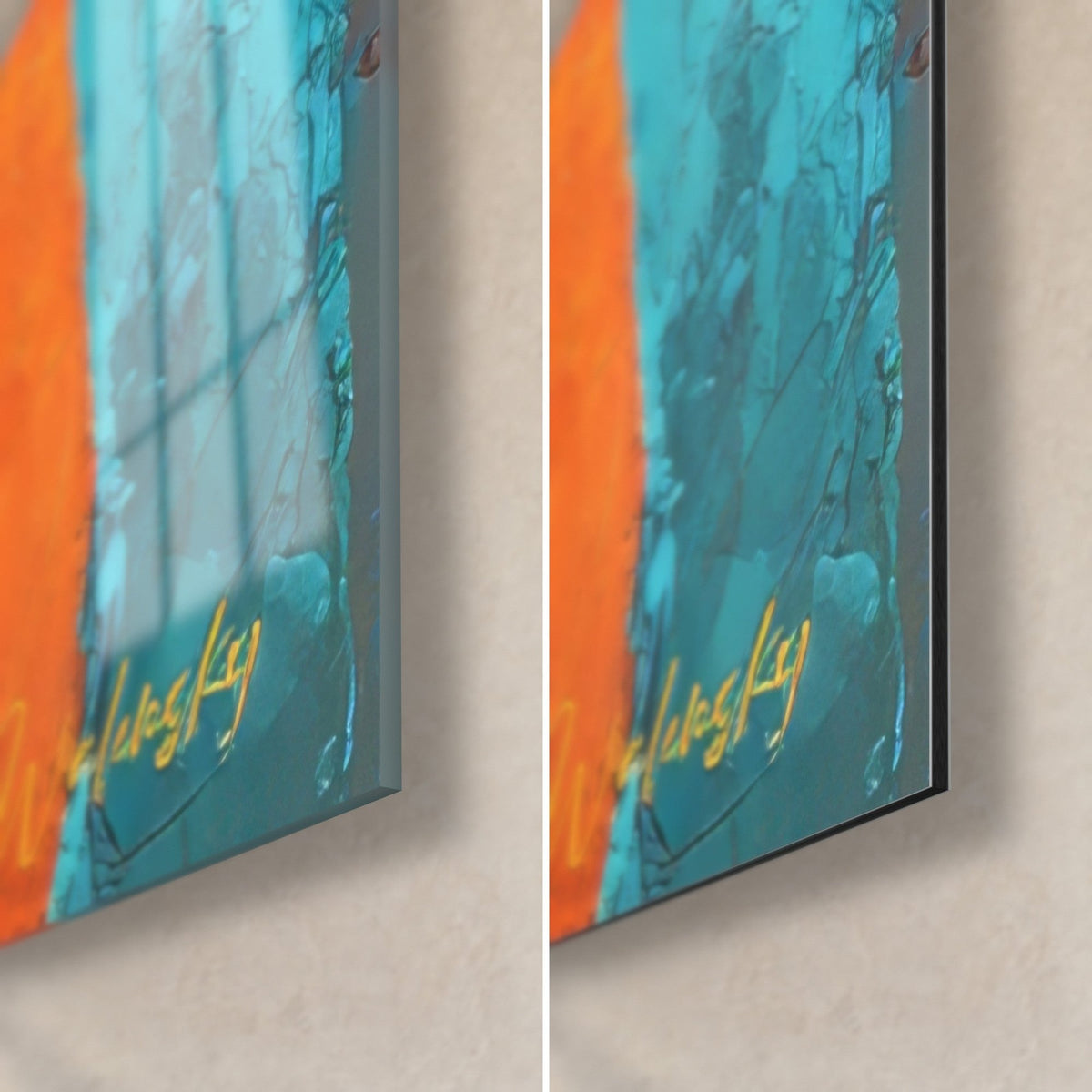Quadro celebrazione tribale, angolo in basso a destra turchese e arancio, firma dorata, vetro lucido a sinistra, Dibond opaco a destra