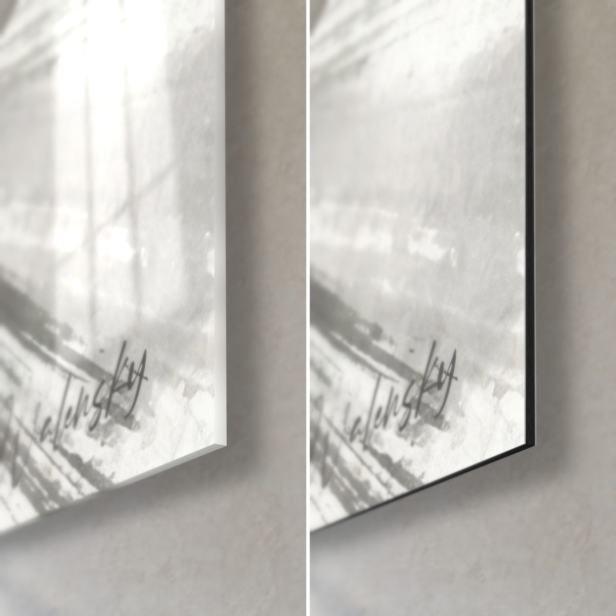 Wall art of an F1 car in black ink and ash grey, bottom right corner: glossy glass on the left, matte Dibond on the right, 3 mm edge