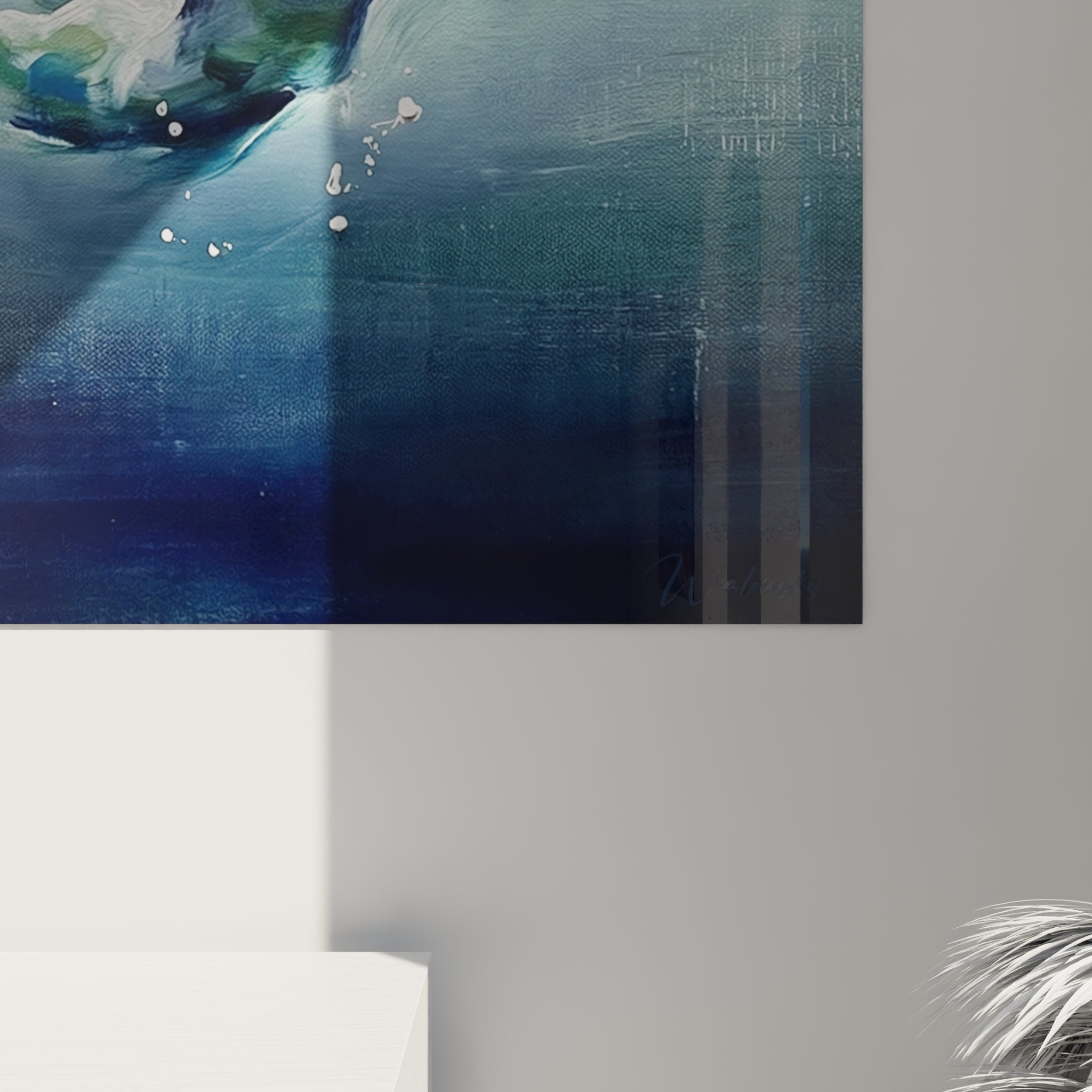 Overview of underwater diving artwork in a contemporary interior with aquatic tones