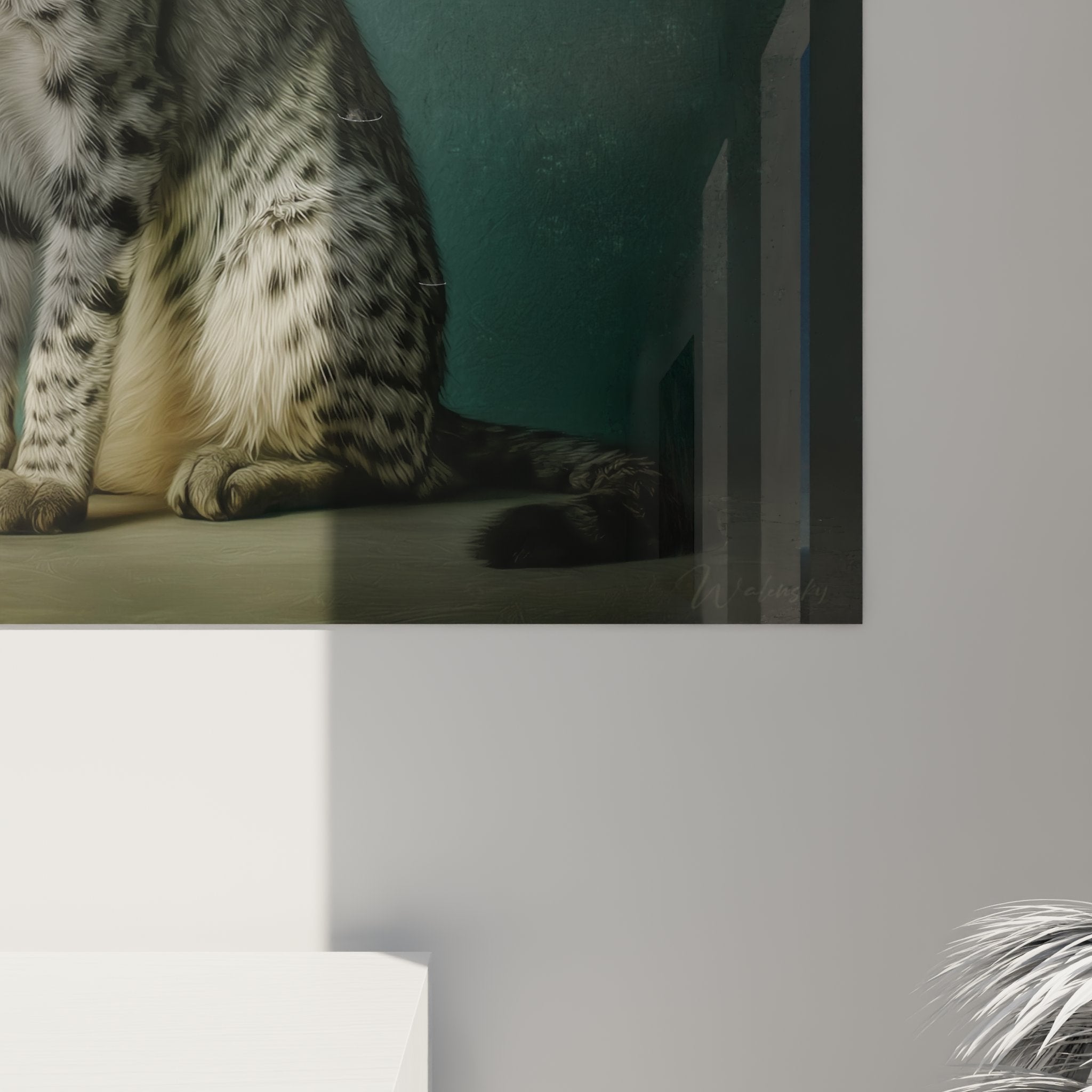 Vue d'ensemble tableau mural chat Savannah dans intérieur contemporain décoration féline raffinée