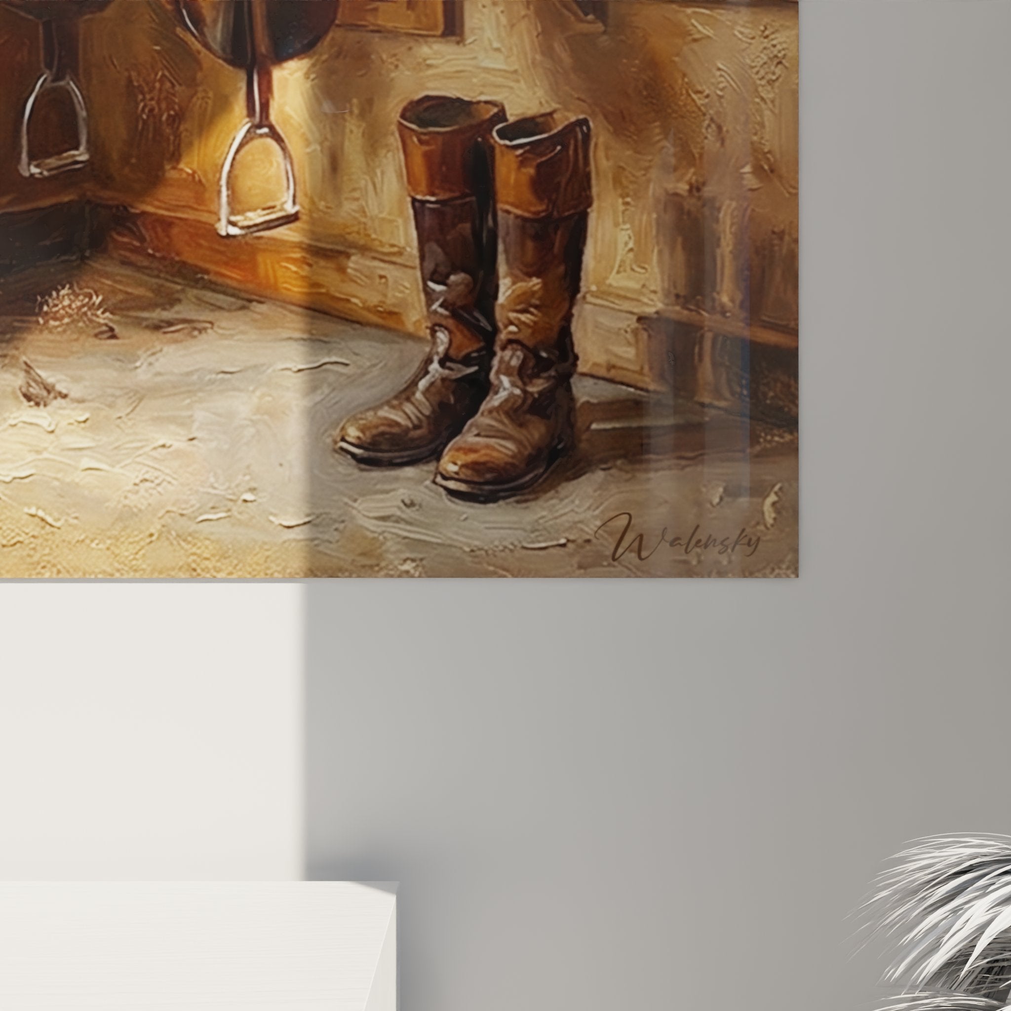 Vista d'insieme del quadro tack room equestre, selleria tradizionale con attrezzature e luce naturale diffusa