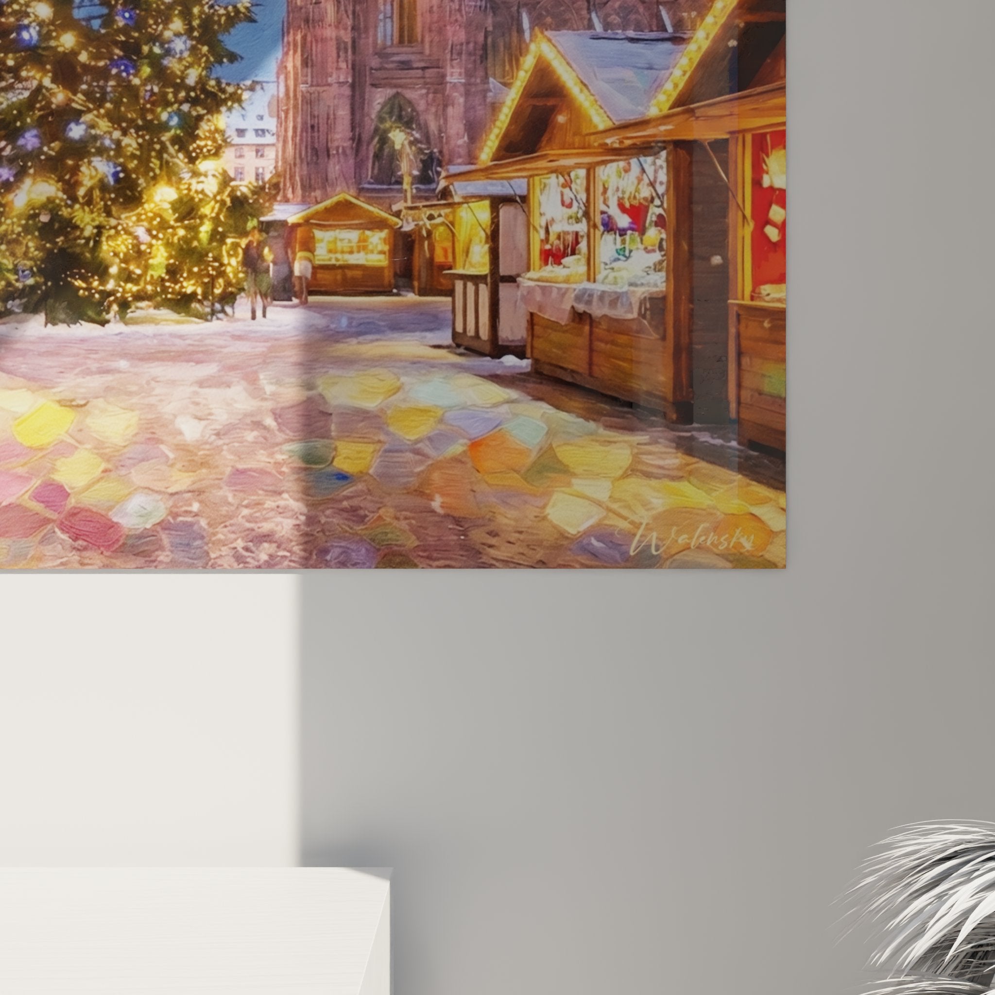 Vue d'ensemble tableau marché Noël Alsace, scène hivernale Strasbourg avec cathédrale et sapins